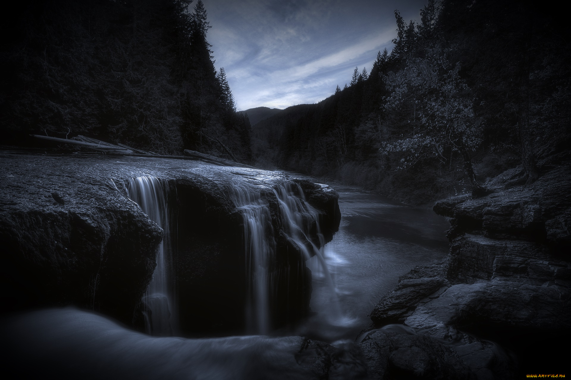 природа, водопады, лес, горы, река, деревья, облака