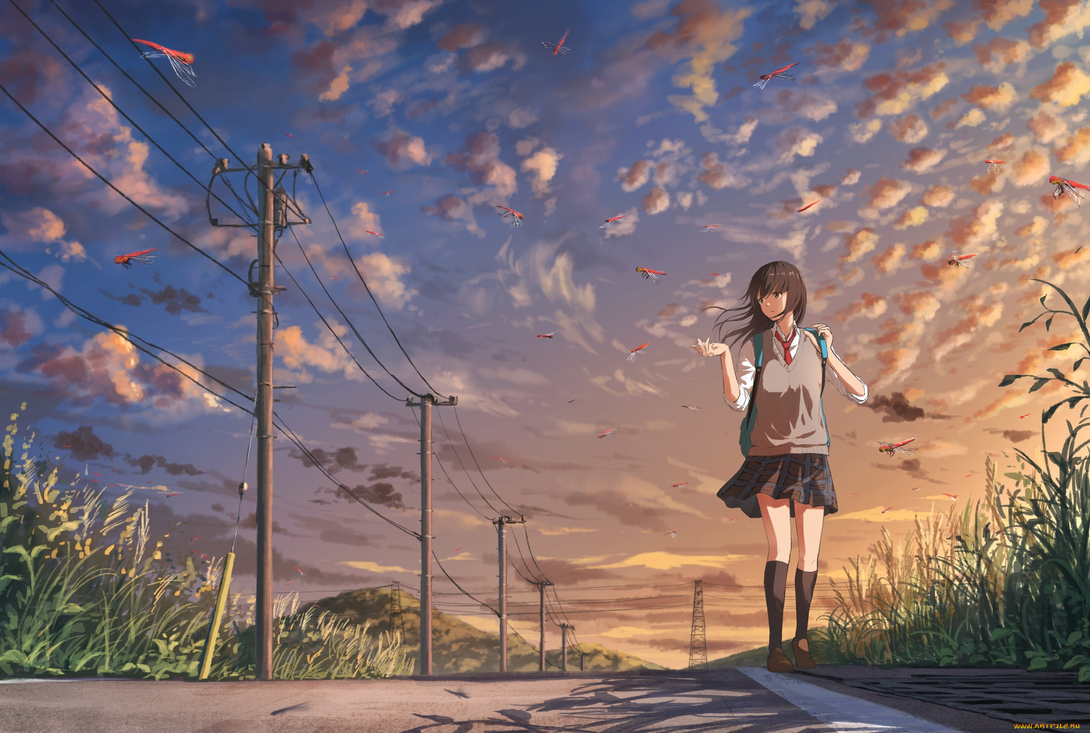 аниме, город, , улицы, , здания, девушка