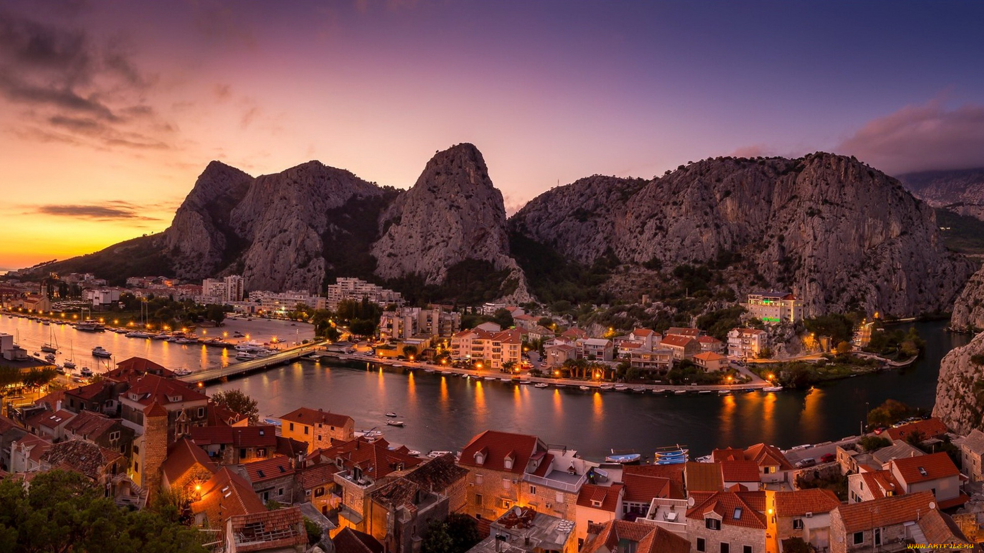 города, -, панорамы, скала, город, хорватия, городской, вид, вода, огни