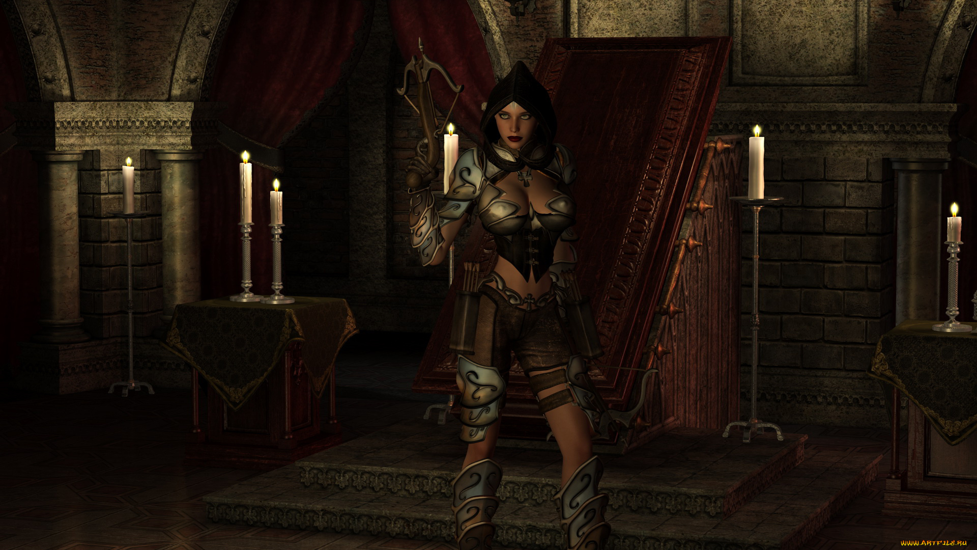 3д, графика, фантазия, , fantasy, девушка, фон, взгляд, арбалет, униформа