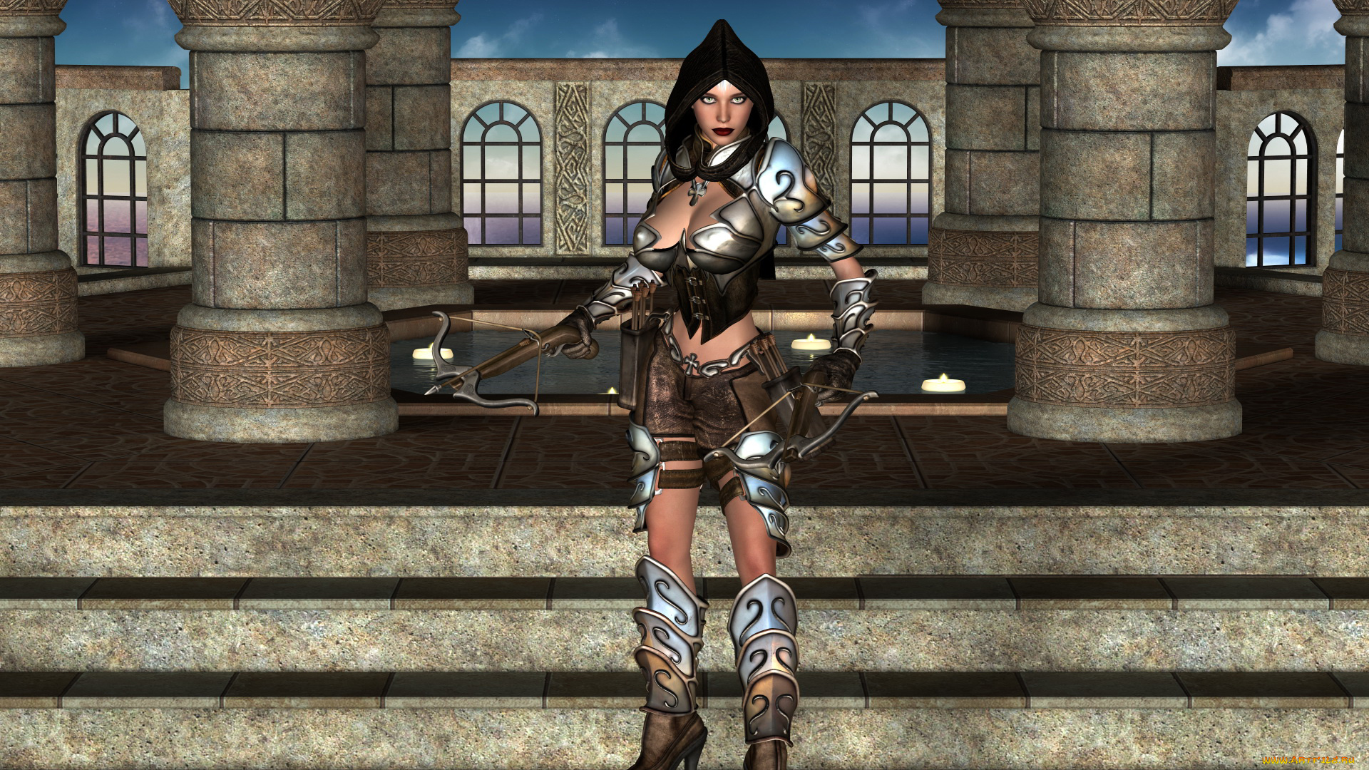 3д, графика, фантазия, , fantasy, девушка, фон, взгляд, арбалет, униформа