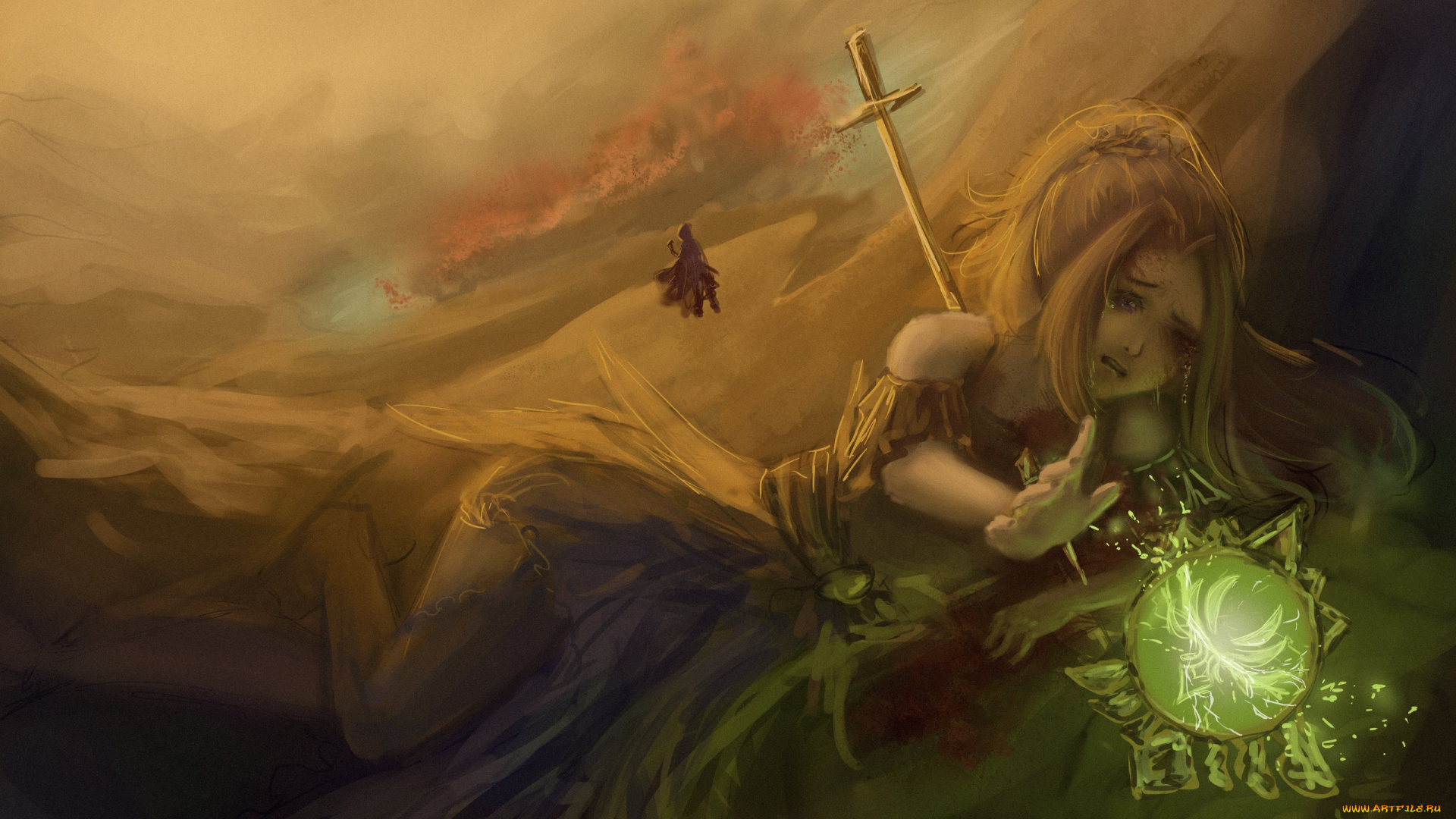 фэнтези, девушки, девушка, слезы, рана, магия