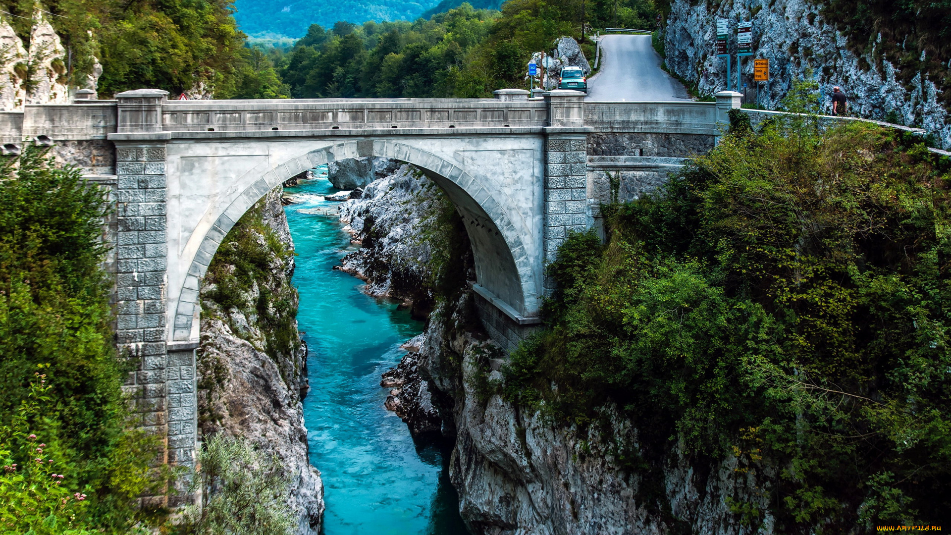 города, -, мосты, мост, арка, деревья, горы, природа, вода, дорога, cловения, ущелье