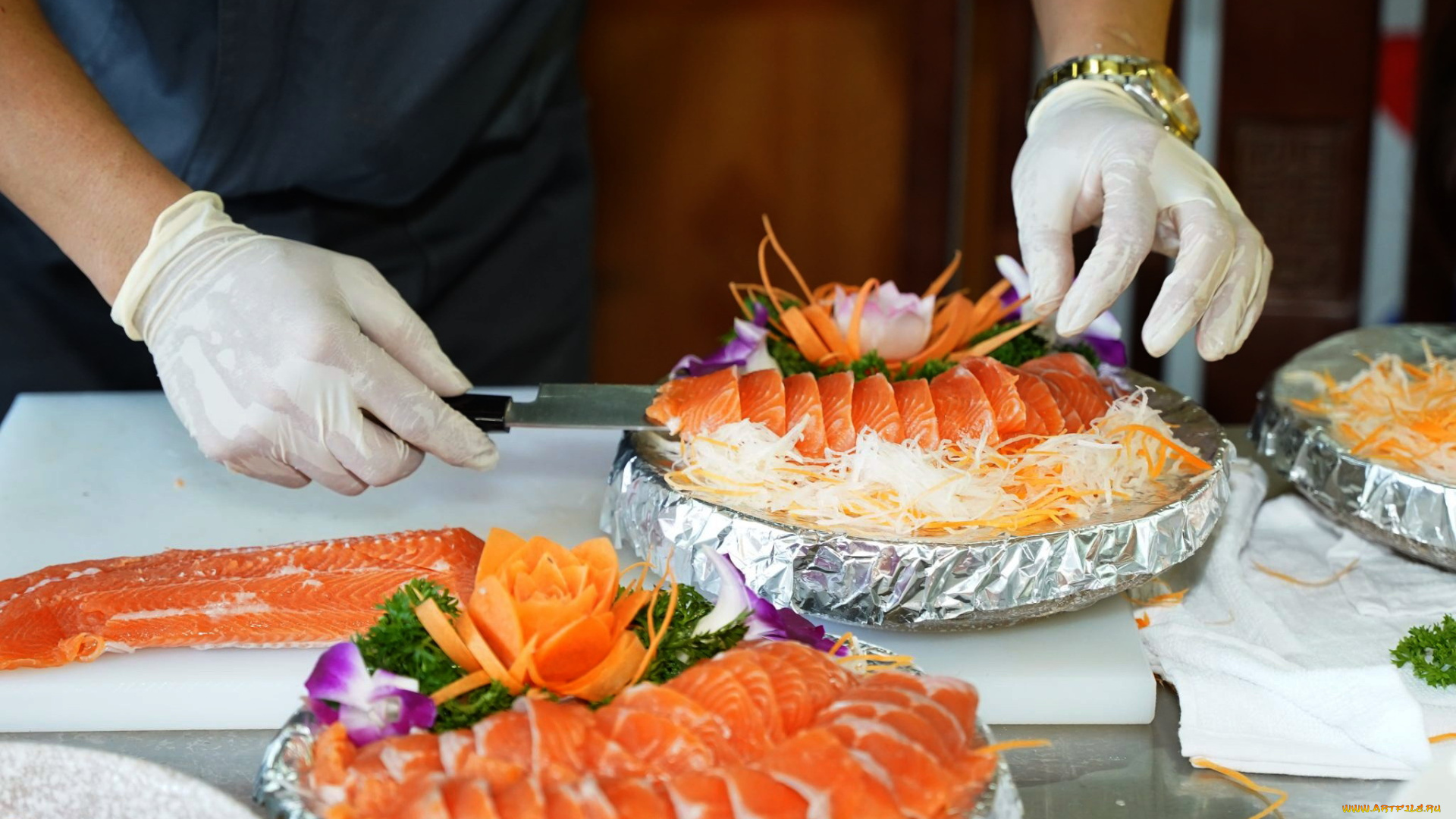 еда, рыбные, блюда, , с, морепродуктами, форель, нарезка