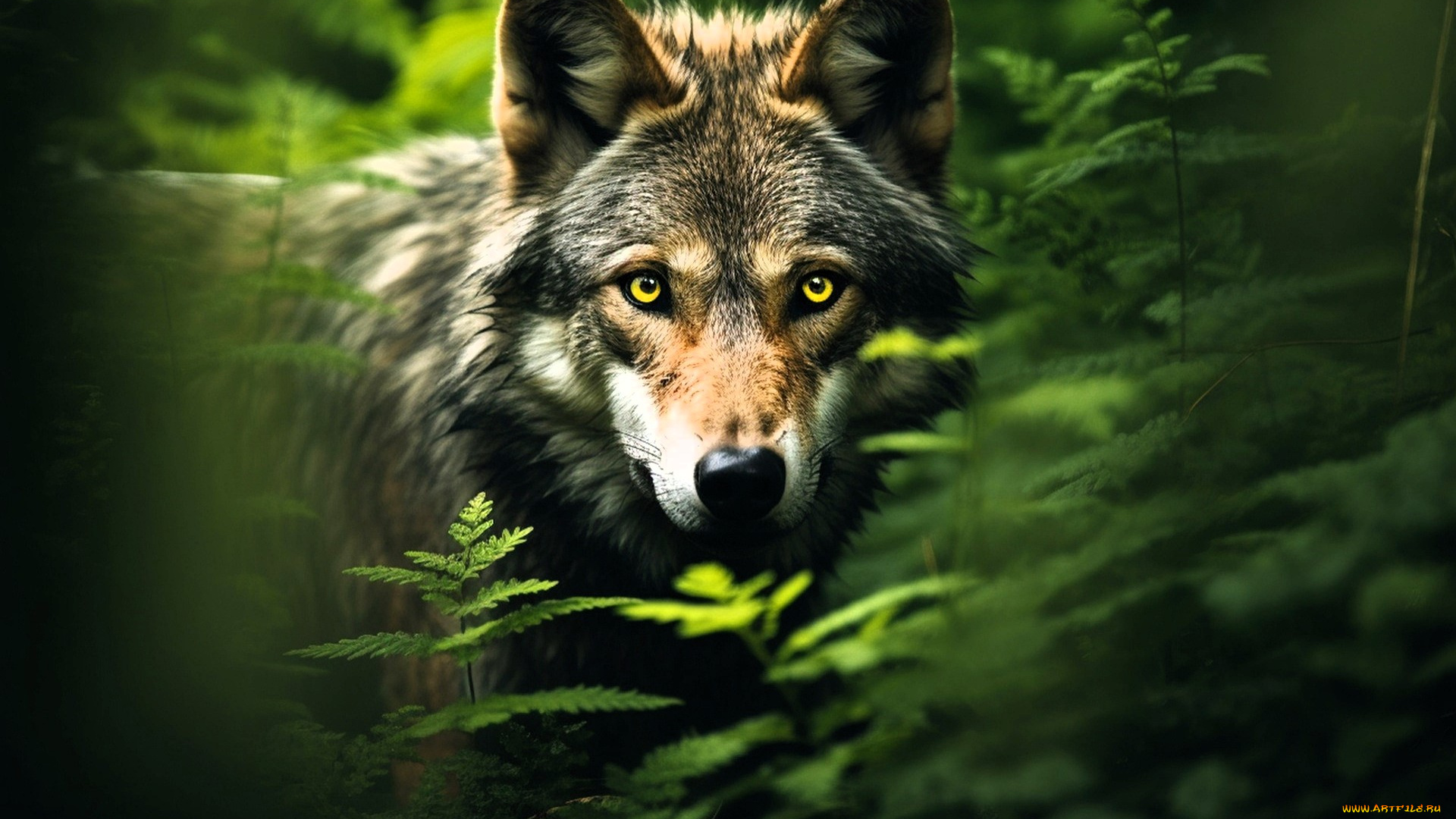 3д, графика, животные, , animals, волк, лес, папоротник