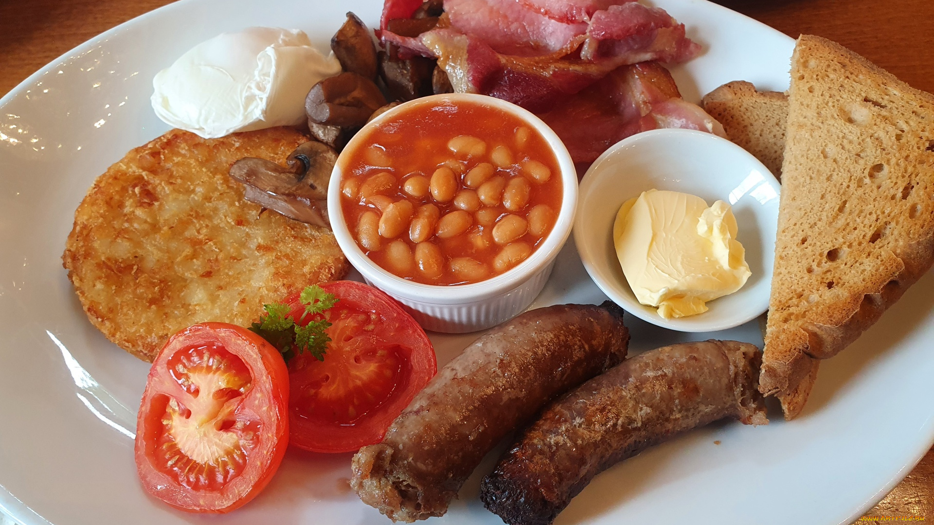 еда, разное, завтрак, бекон, колбаски, фасоль, помидоры