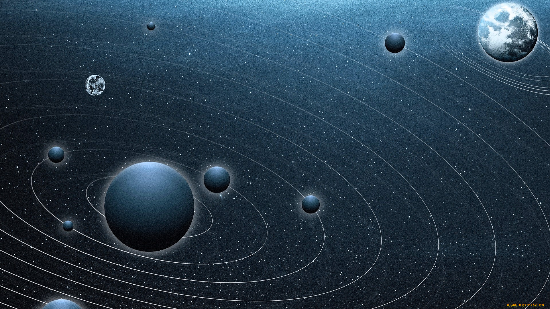 космос, арт, планеты, система, орбиты