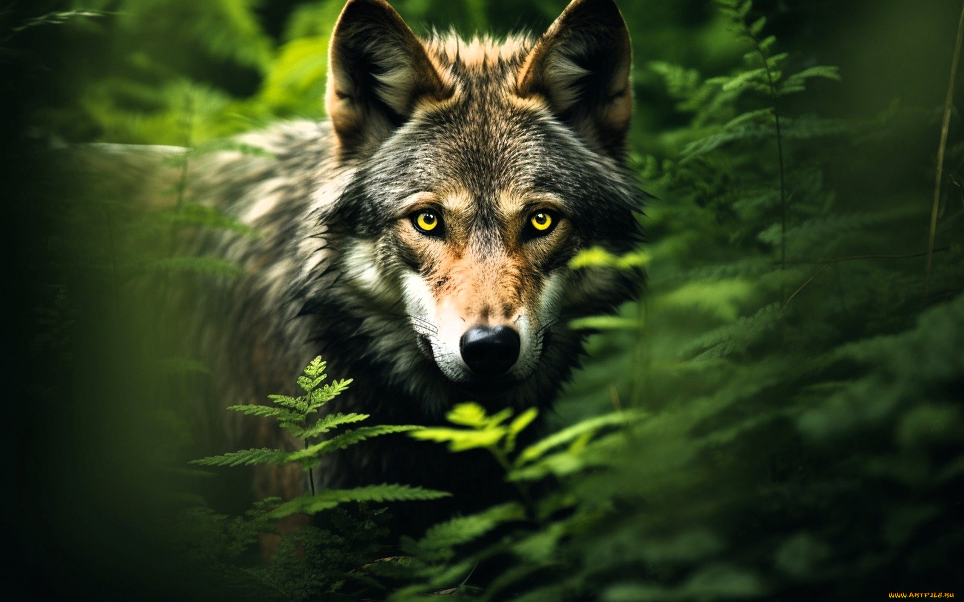 3д, графика, животные, , animals, волк, лес, папоротник