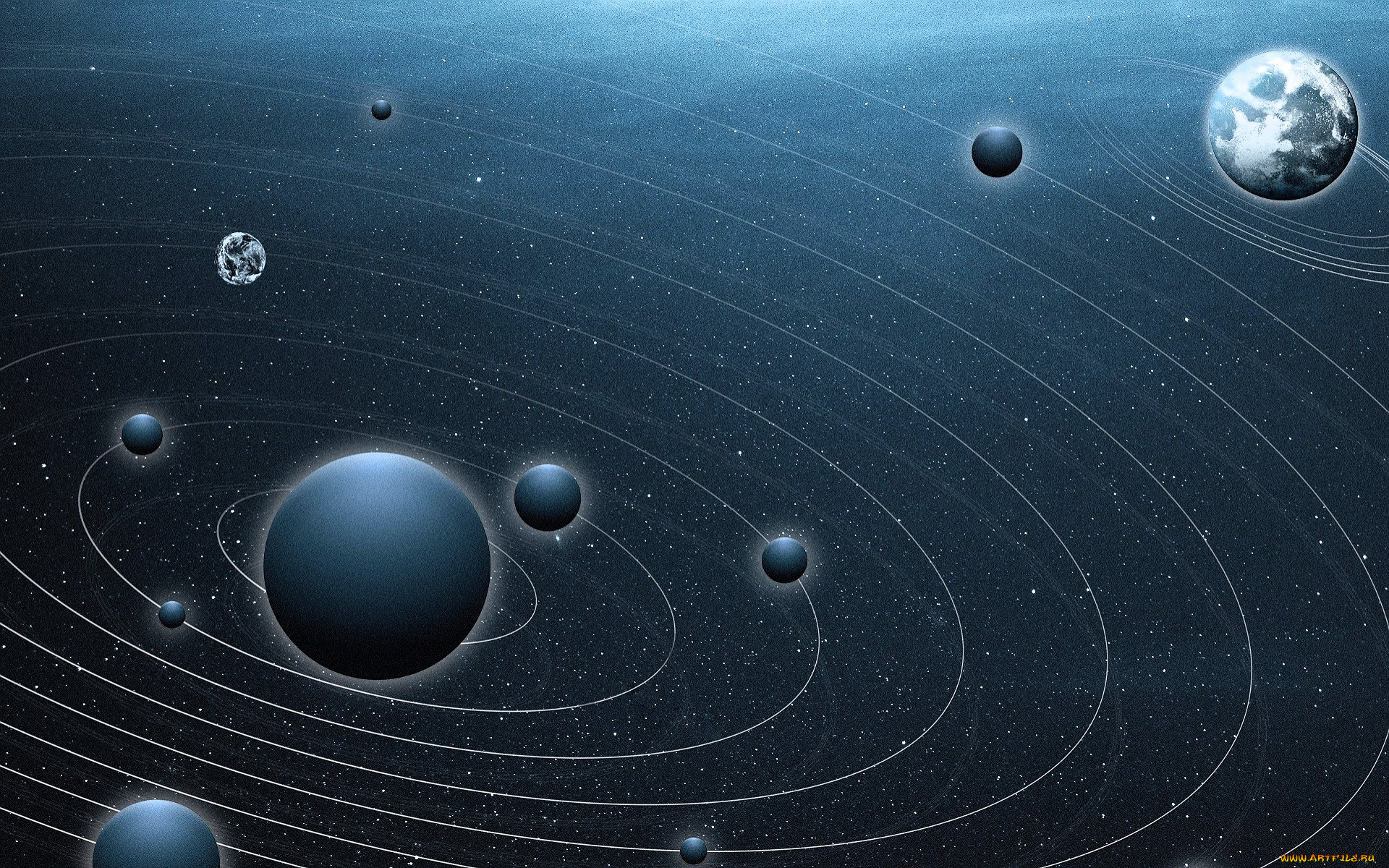 космос, арт, планеты, система, орбиты