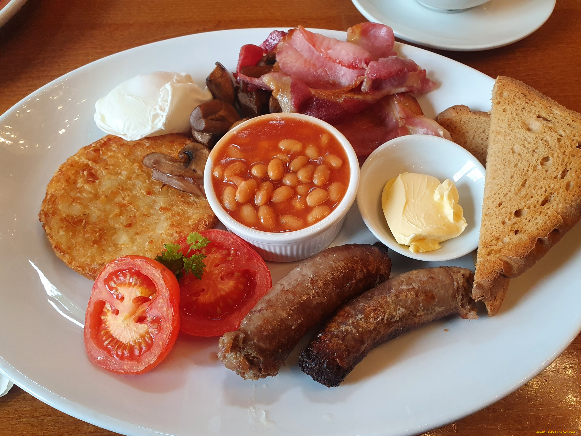 еда, разное, завтрак, бекон, колбаски, фасоль, помидоры