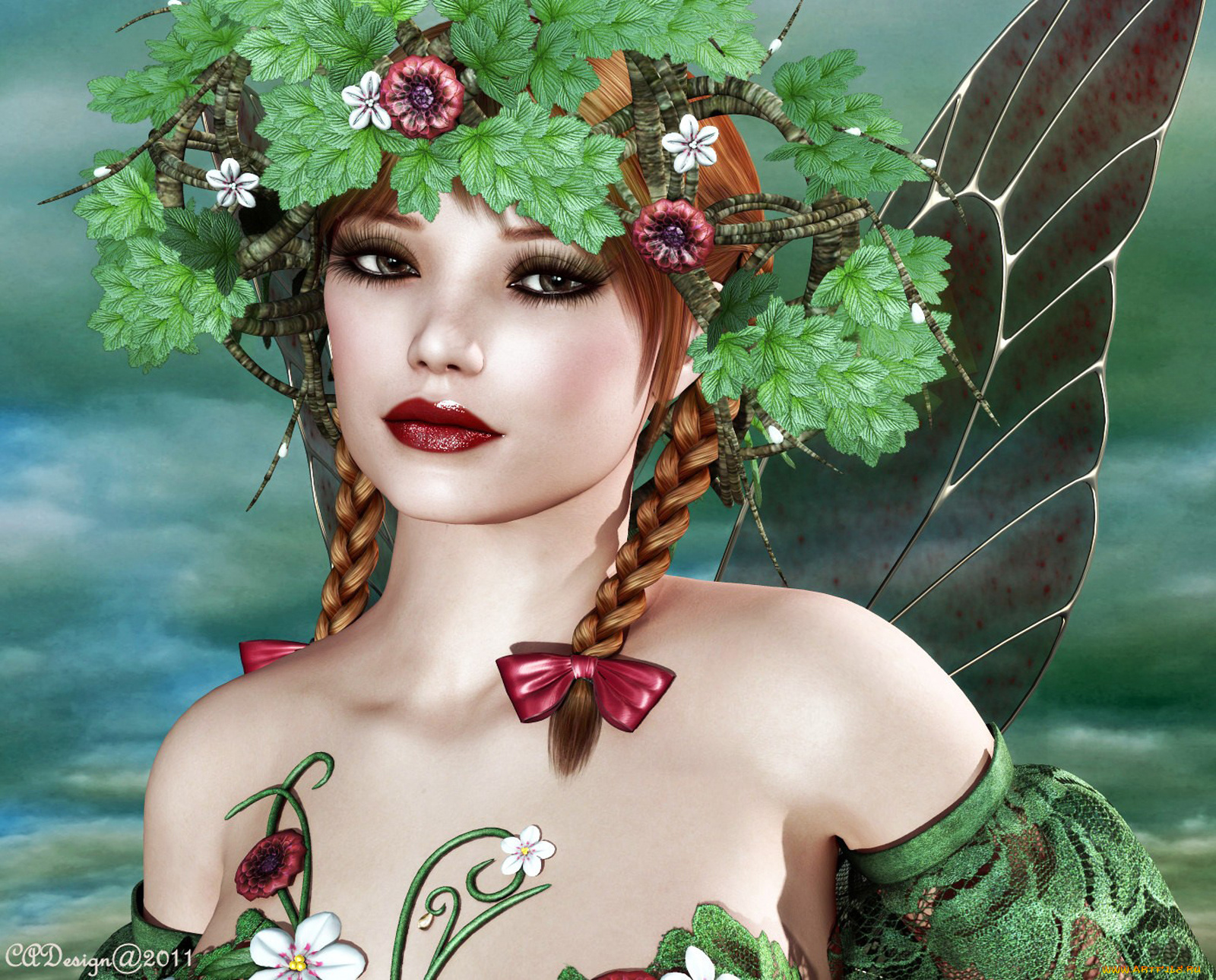 3д, графика, elves, эльфы, венок, цветы, девушка, эльф