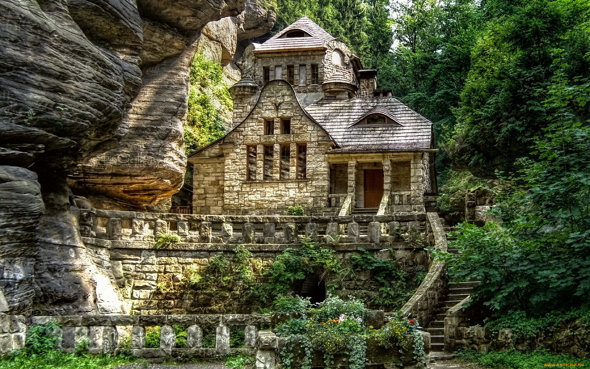 города, здания, дома, скала, дом, лес