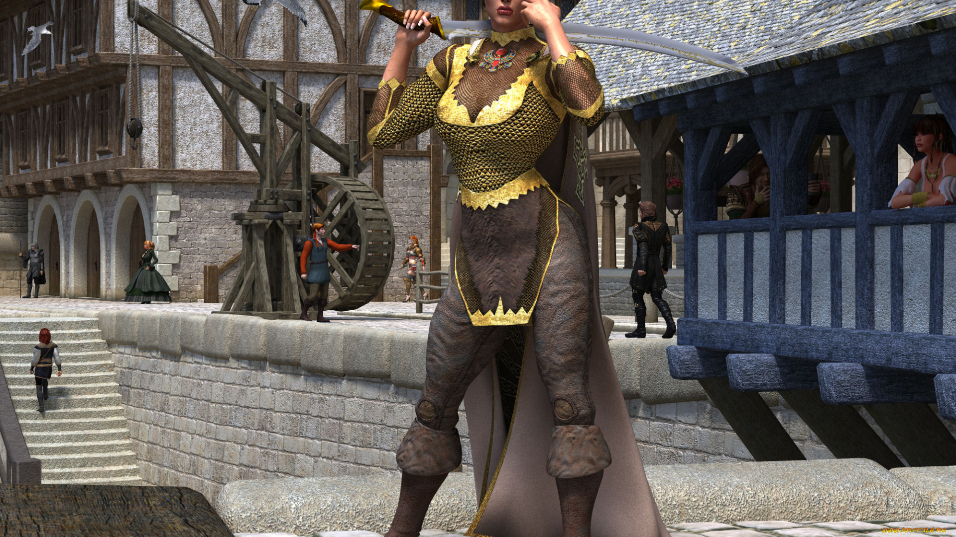 3д, графика, эльфы, , elves, улица, оружие, город, взгляд, эльфийка