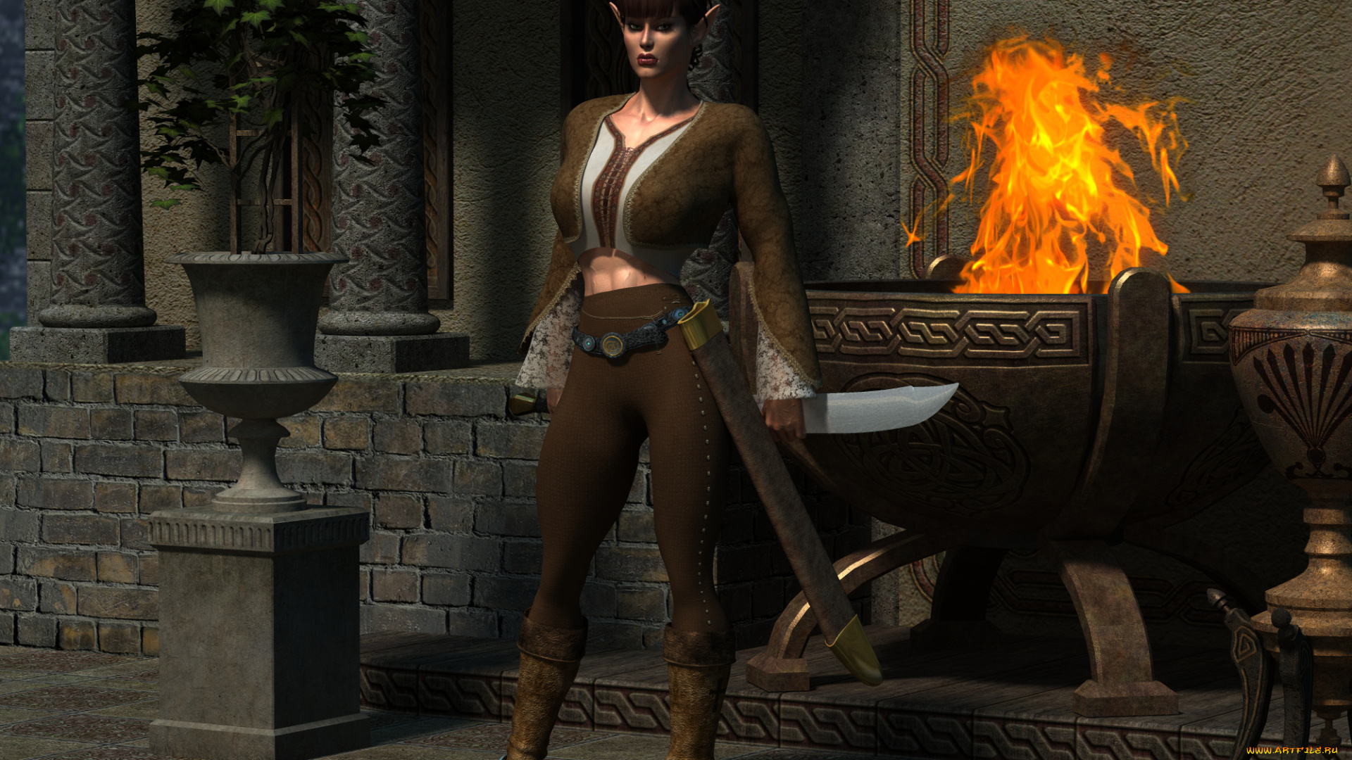 3д, графика, эльфы, , elves, взгляд, эльфийка, огонь, меч