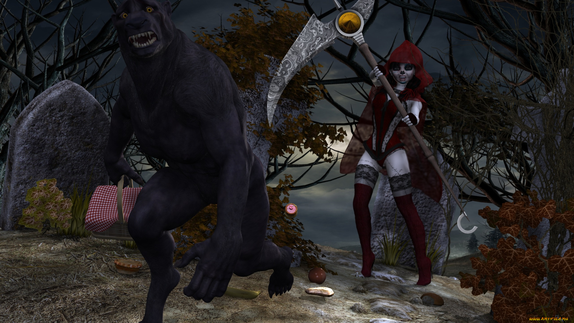 3д, графика, фантазия, , fantasy, оружие, лес, волк, красная, шапочка