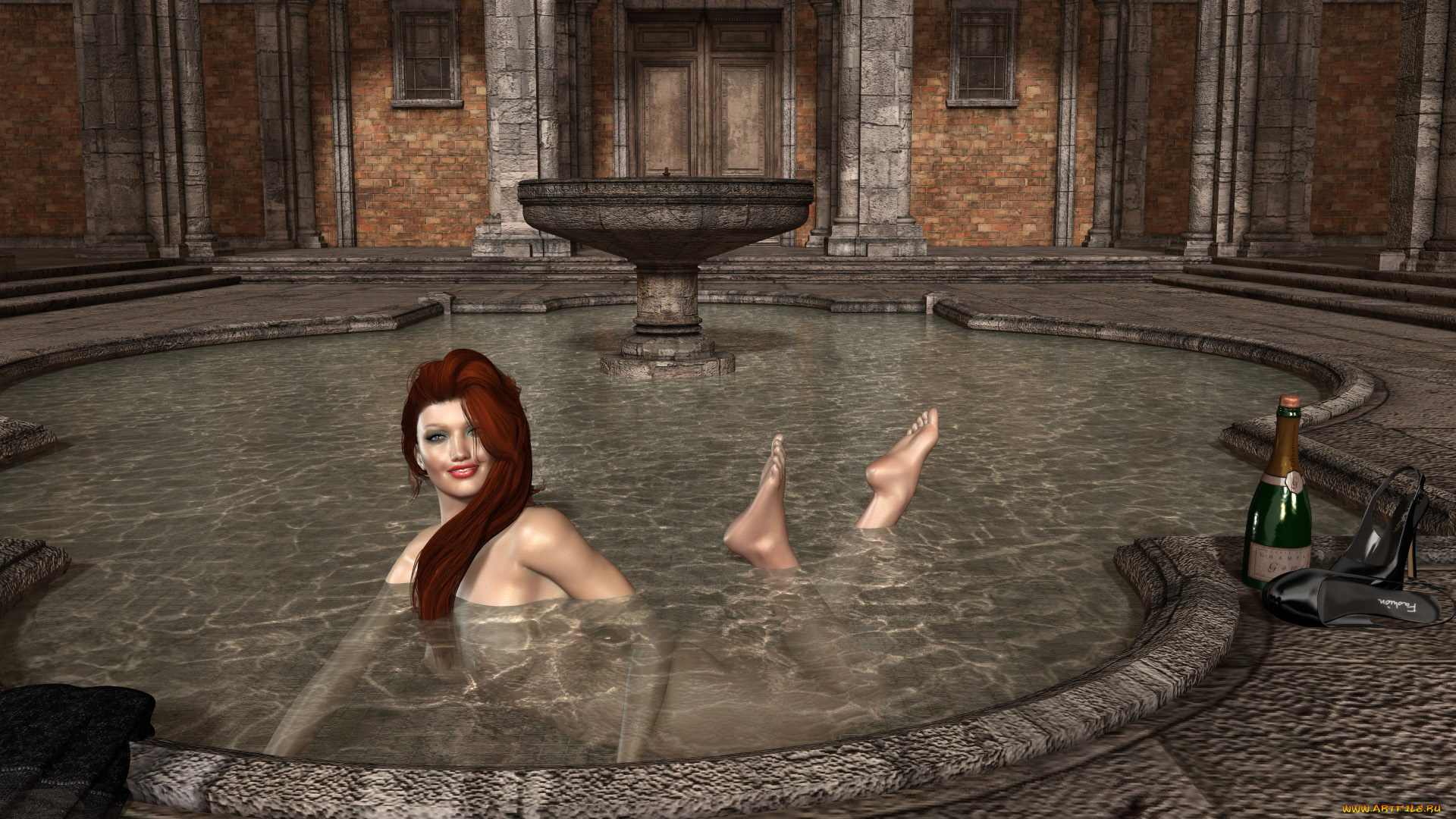 3д, графика, люди, , people, бассейн, взгляд, девушка, рыжая, вино, улыбка