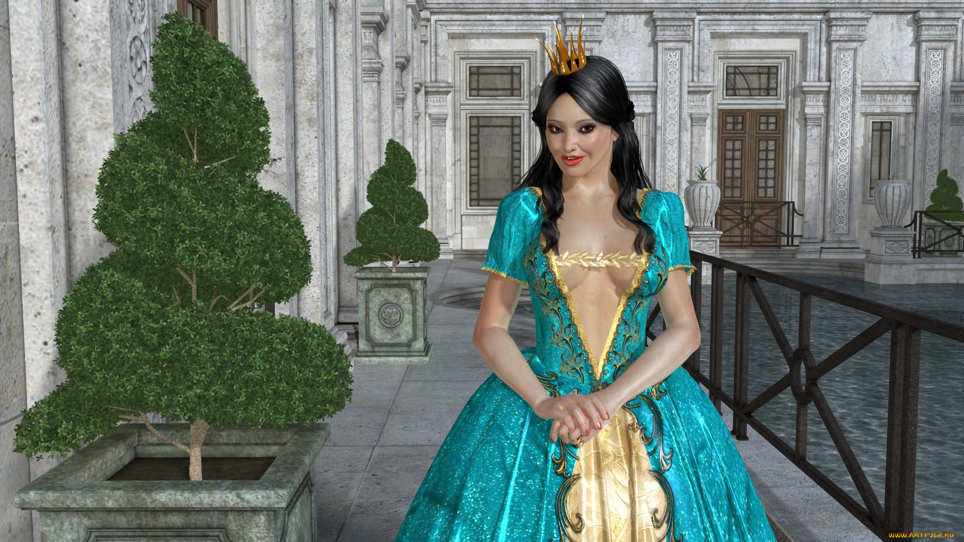 3д, графика, люди, , people, корона, растения, бассейн, платье, улыбка, взгляд, девушка
