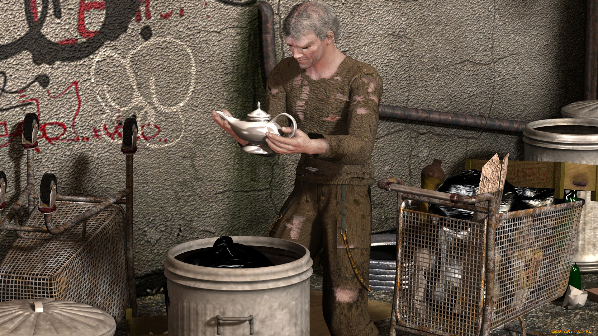 3д, графика, люди, , people, лампа, мусор, нищие, мужчина