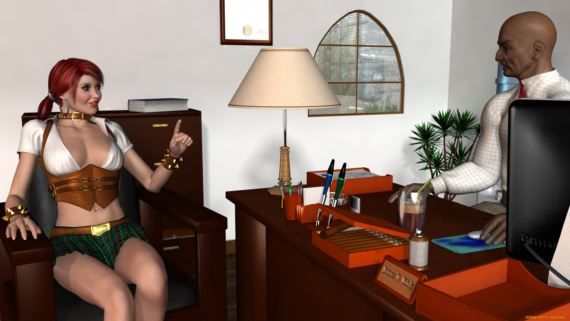 3д, графика, люди, , people, стол, рыжая, девушка, мужчина, офис, улыбка, стул