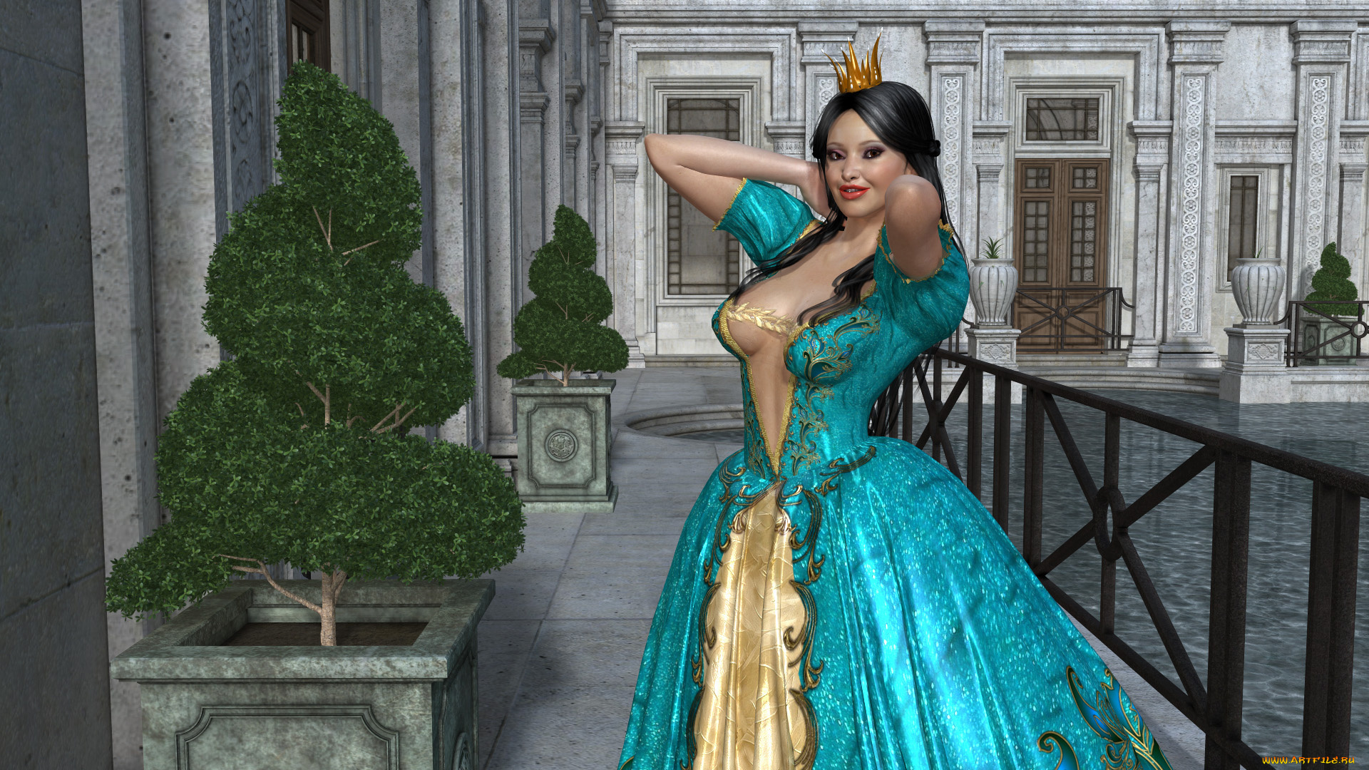 3д, графика, люди, , people, взгляд, девушка, платье, корона, растения, бассейн, улыбка