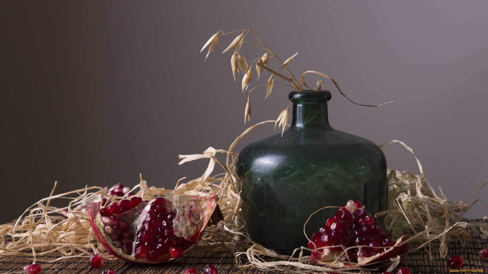 еда, гранат, сено, ваза