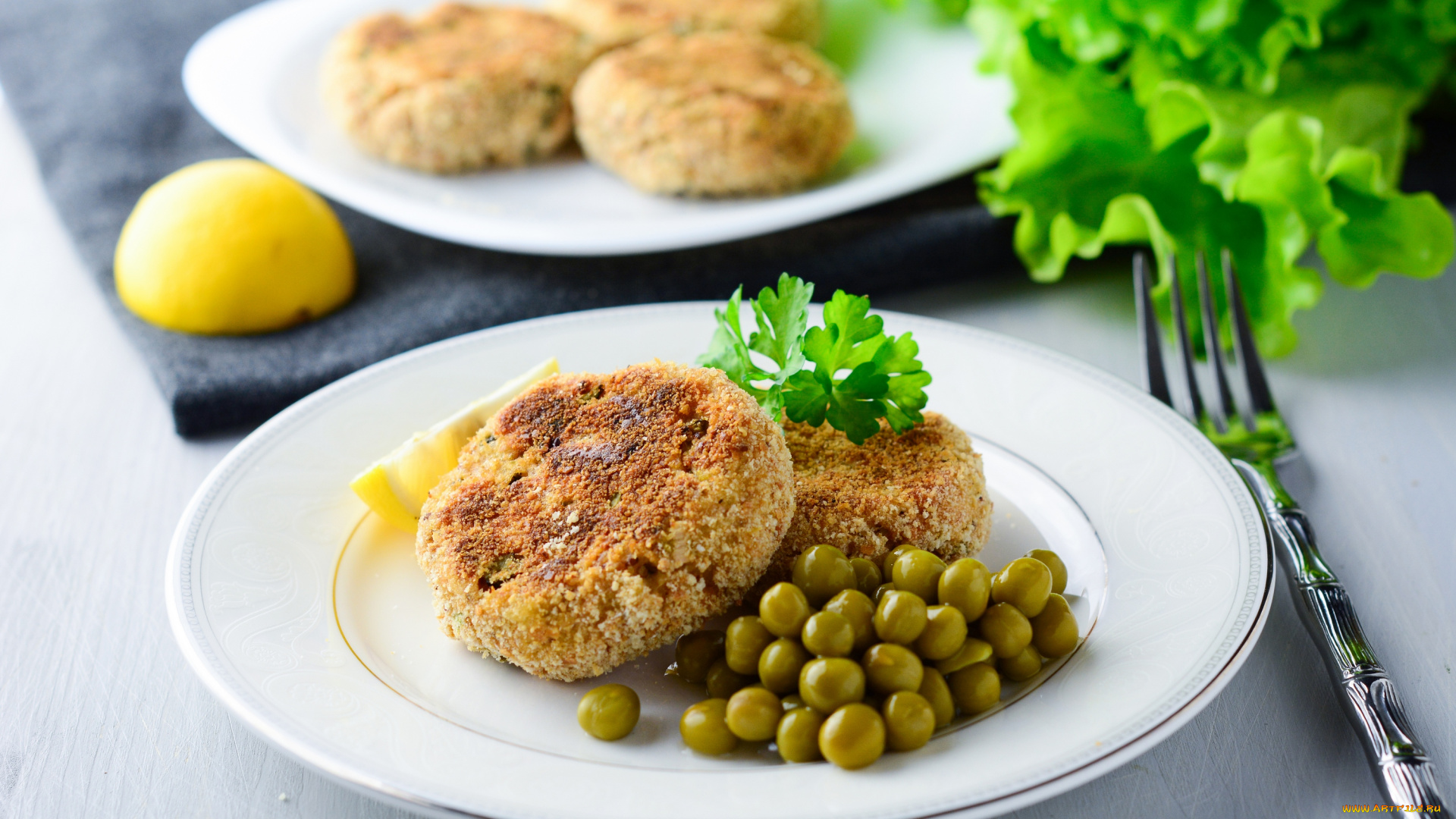 еда, мясные, блюда, долька, лимона, горошек, котлета, зелень