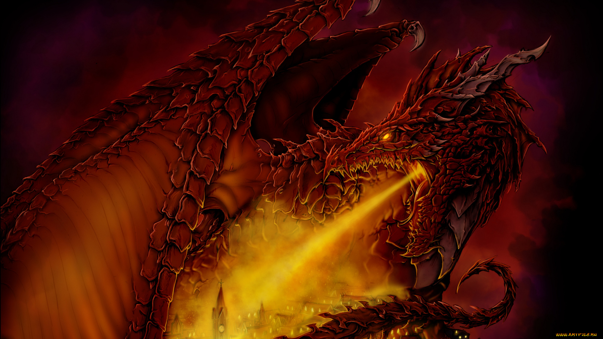 фэнтези, драконы, пожар, город, пламя, дракон