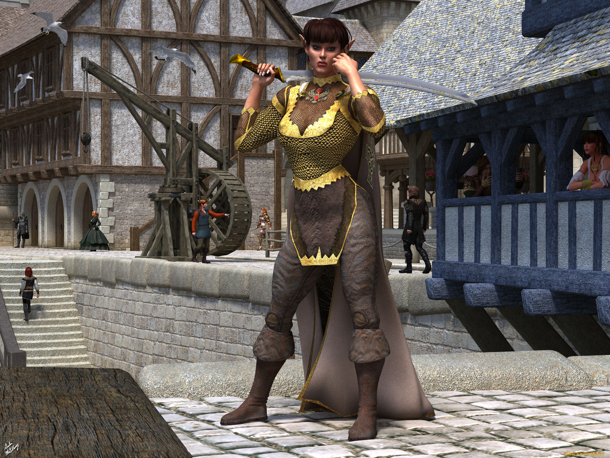 3д, графика, эльфы, , elves, улица, оружие, город, взгляд, эльфийка