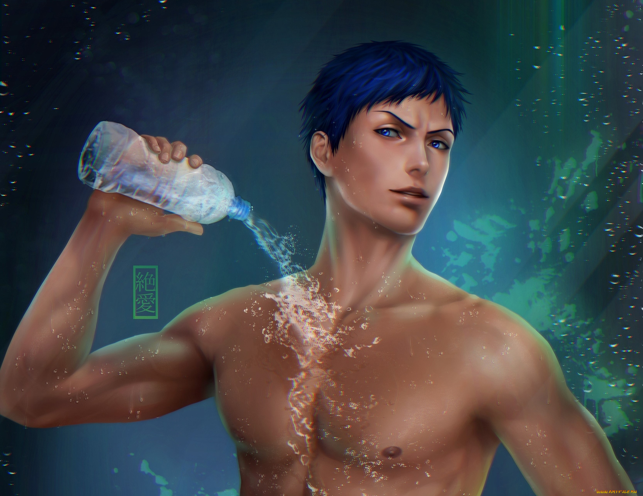 рисованные, люди, бутылка, взгляд, торс, вода, aomine, daiki, парень, zetsuai89