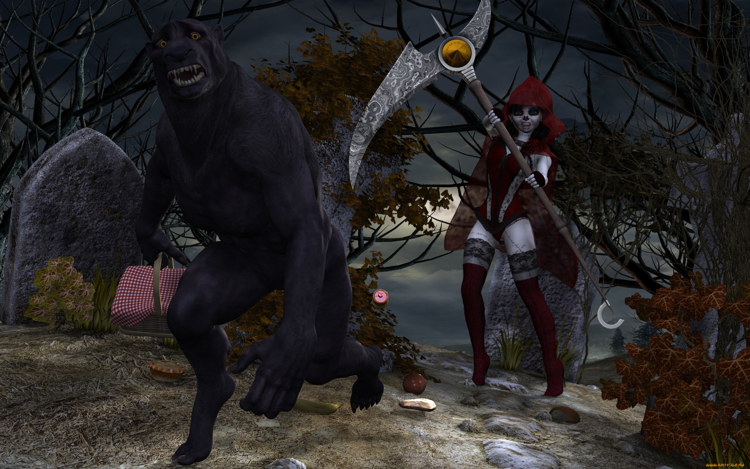 3д, графика, фантазия, , fantasy, оружие, лес, волк, красная, шапочка