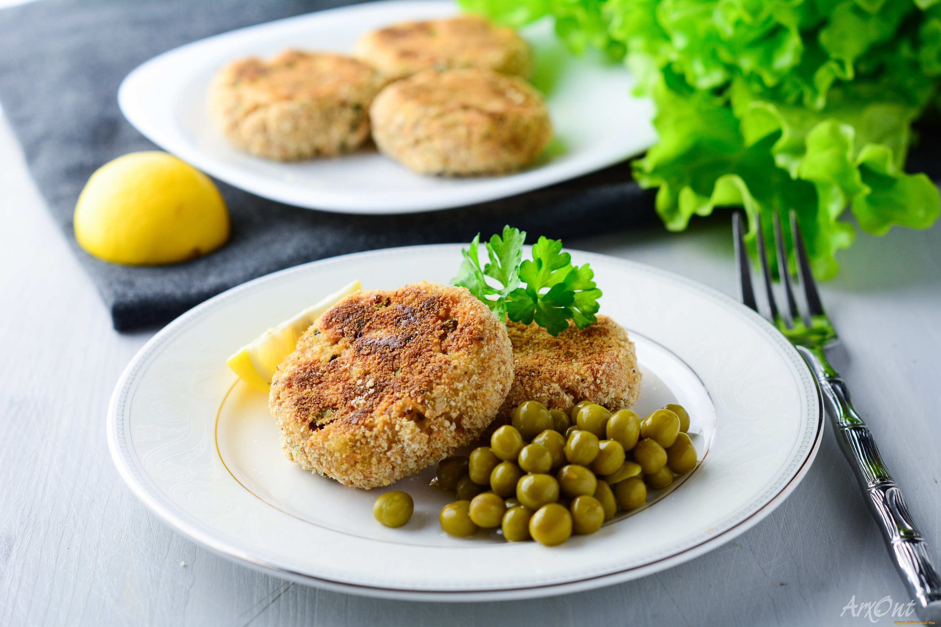 еда, мясные, блюда, долька, лимона, горошек, котлета, зелень