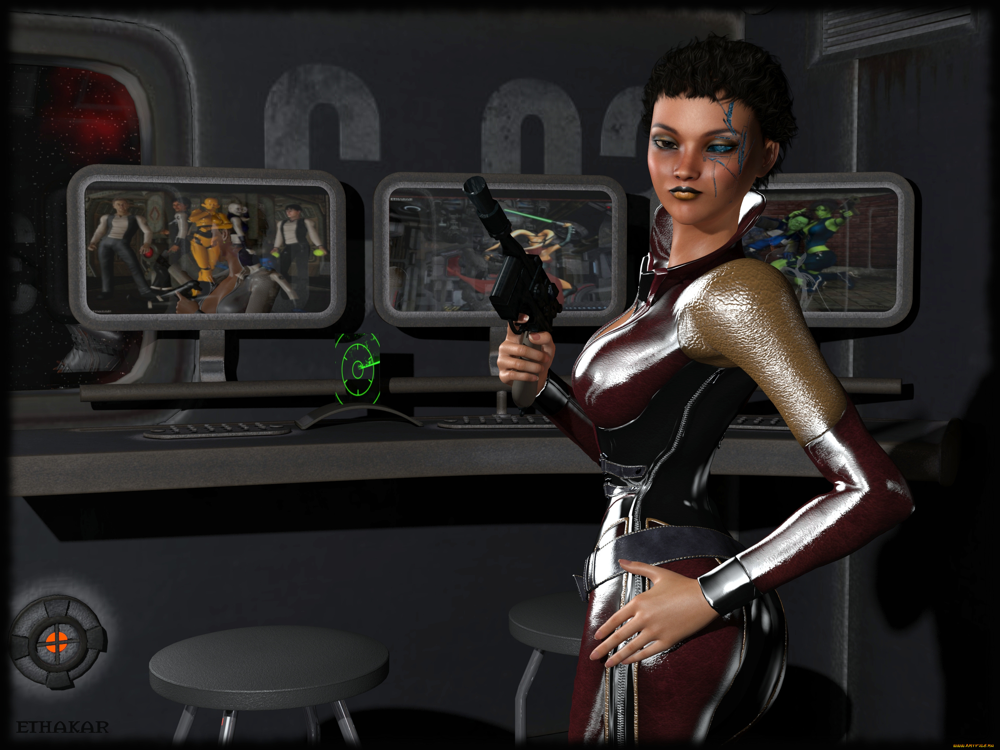 3д, графика, фантазия, , fantasy, мониторы, оружие, взгляд, девушка