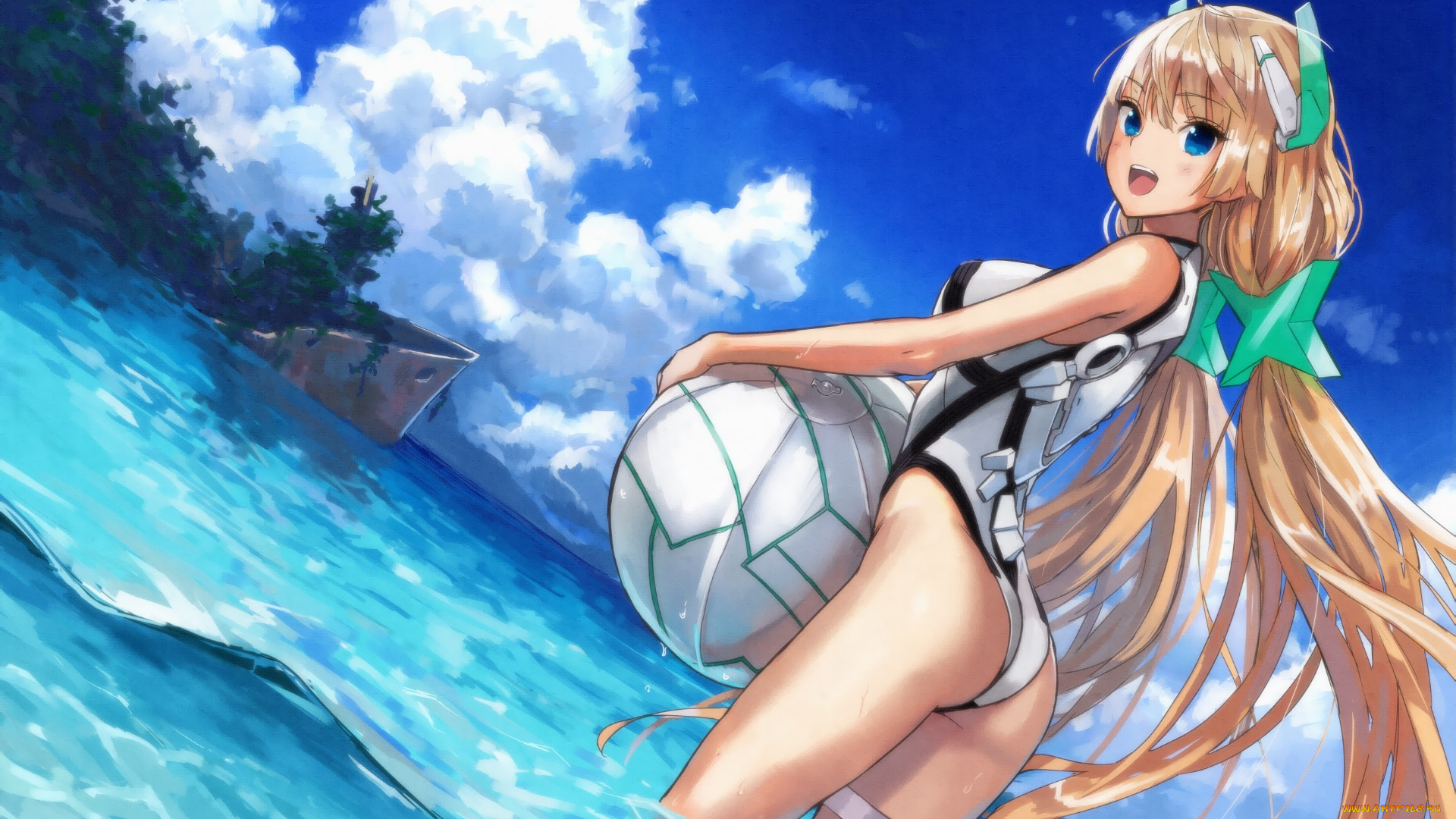 аниме, expelled, from, paradise, девушка, мяч, арт, корабль, angela, balzac, expelled, from, paradise, kawakami, rokkaku, море, небо, лето