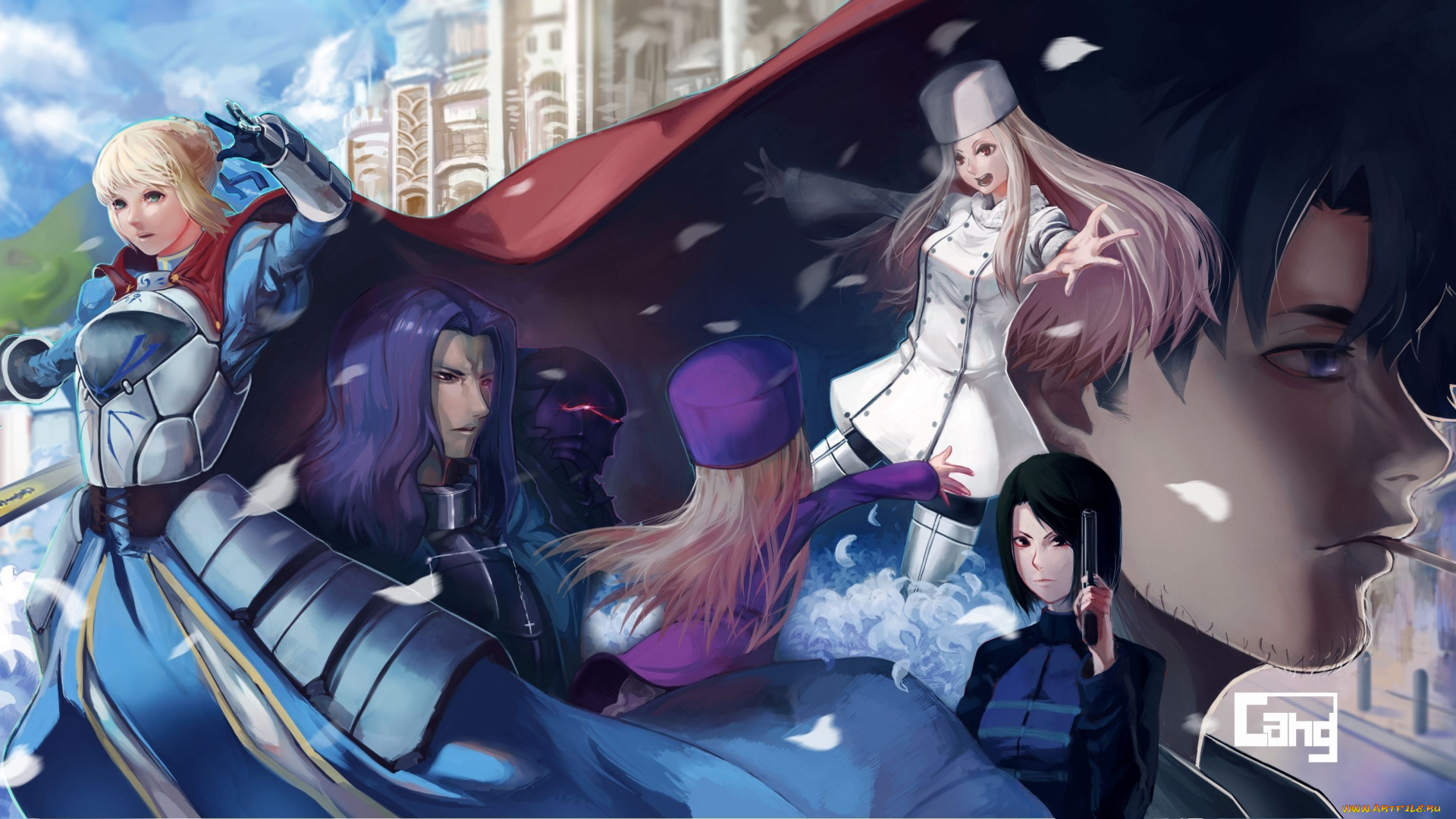 аниме, fate, zero, art, cang, девушки, парни, saber, berserker, emiya, kiritsugu, hisau, maiya, illyasviel, von, einzbern, irisviel, радость, жест, оружие, плащ, цветы, сигарета