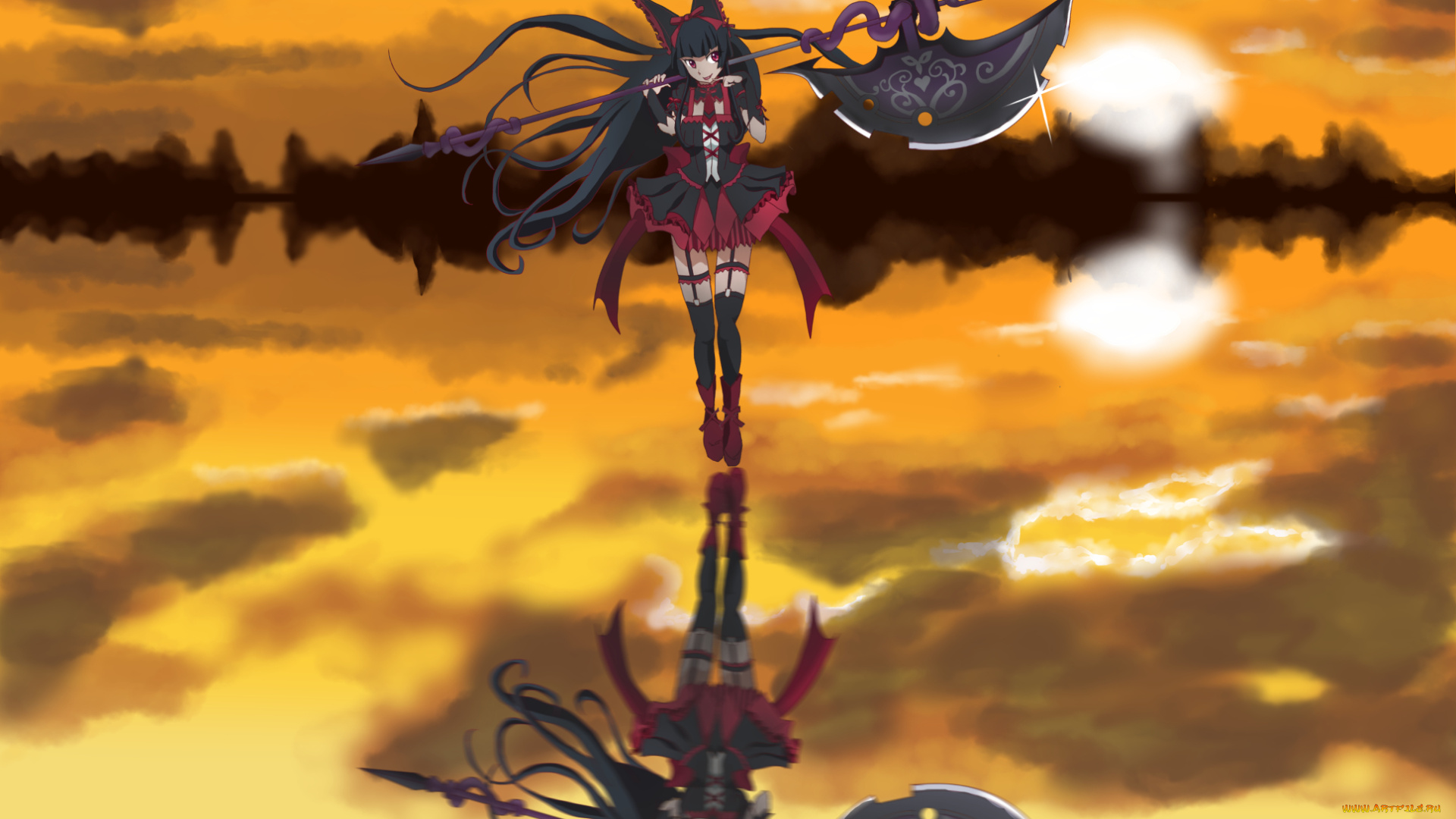 аниме, gate, арт, kogane, ryuume, jieitai, kanochi, nite, kaku, tatakaeri, rory, mercury, девушка, отражение, оружие, закат, солнце