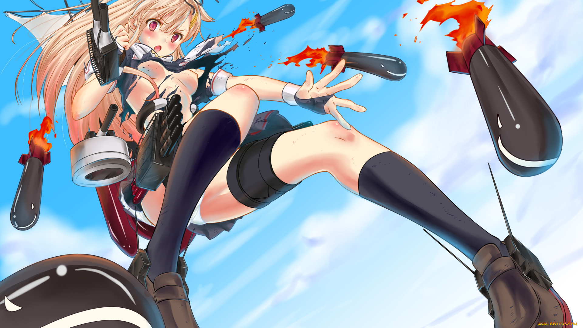 аниме, kantai, collection, фон, взгляд, девушка, бомбы