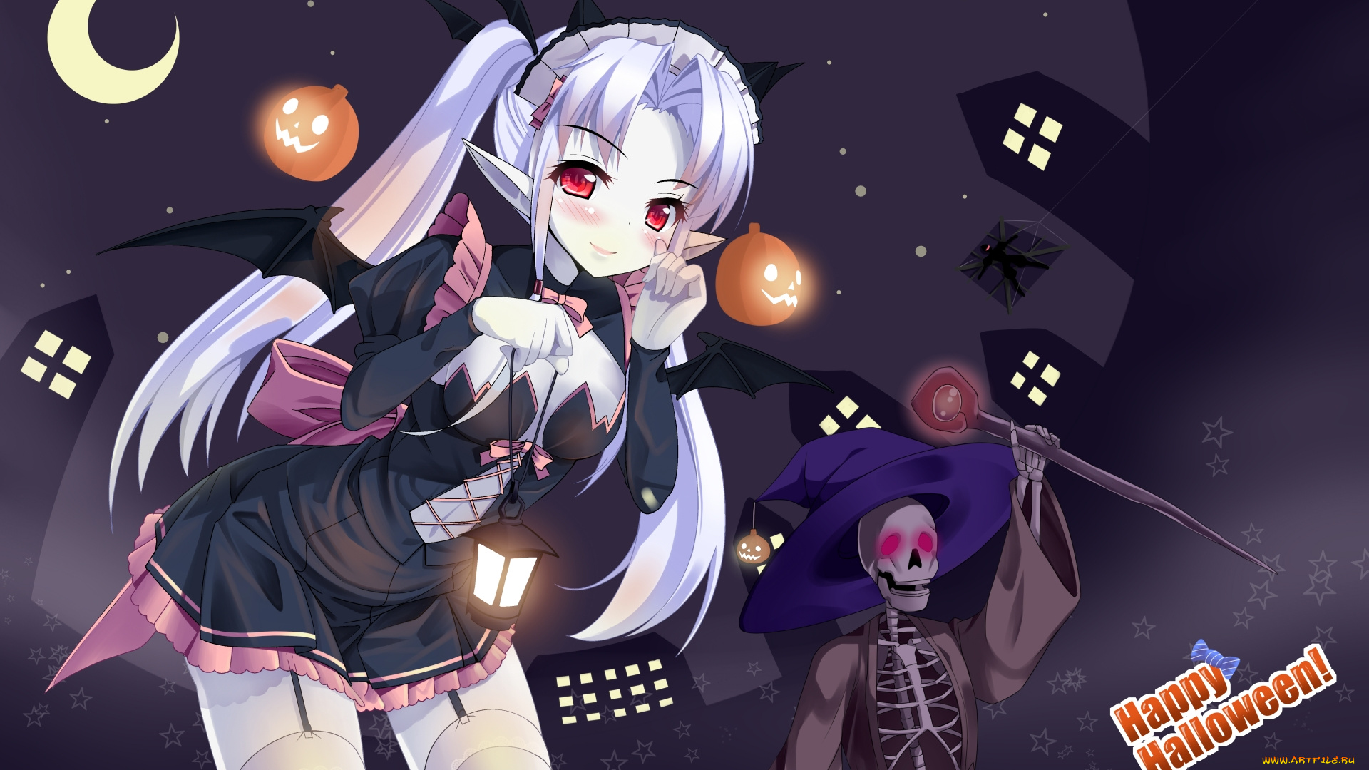 аниме, магия, , колдовство, , halloween, взгляд, фон, тыква, луна