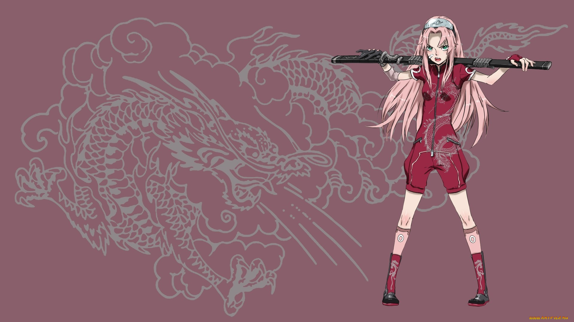 аниме, naruto, дракон, фон, меч, haruno, sakura, сакура, shippuden