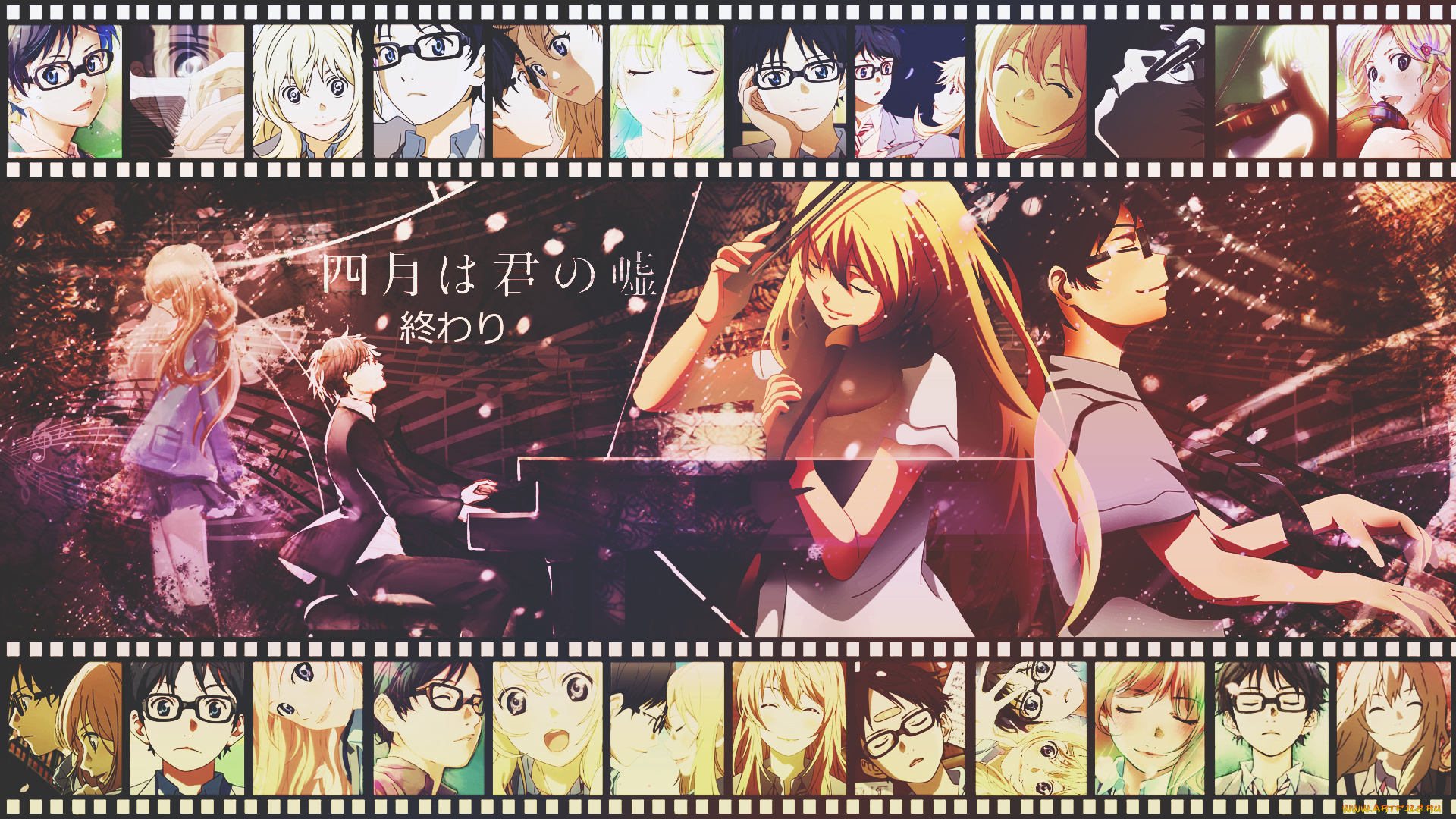 аниме, shigatsu, wa, kimi, no, uso, музыка, мальчик, девочка, dinocojv, арт, кадры, shigatsu, wa, kimi, no, uso, коллаж