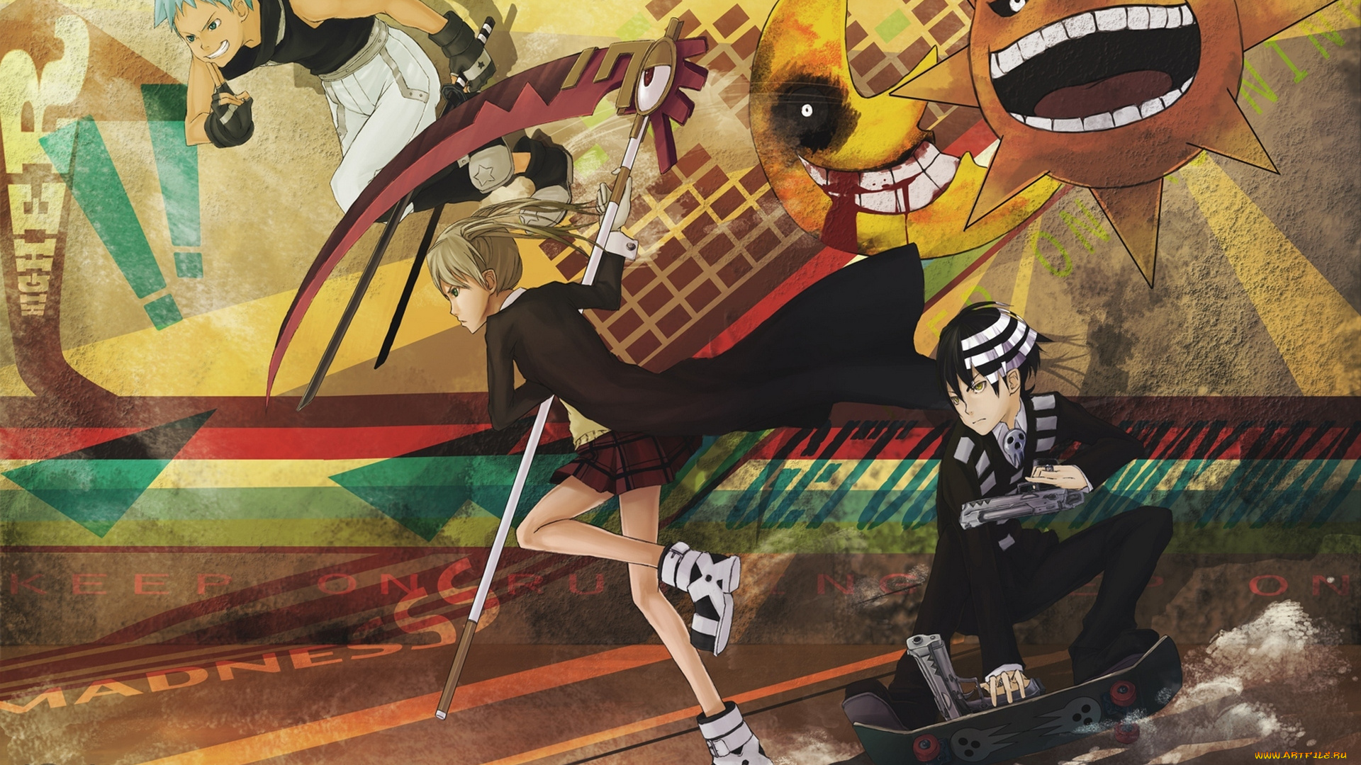 аниме, soul, eater, солнце, парни, девушка, death, the, kid, black, star, soul, eater, пожиратель, душ, seika, арт, maka, albarn, пистолеты, катана, коса, месяц, оружие