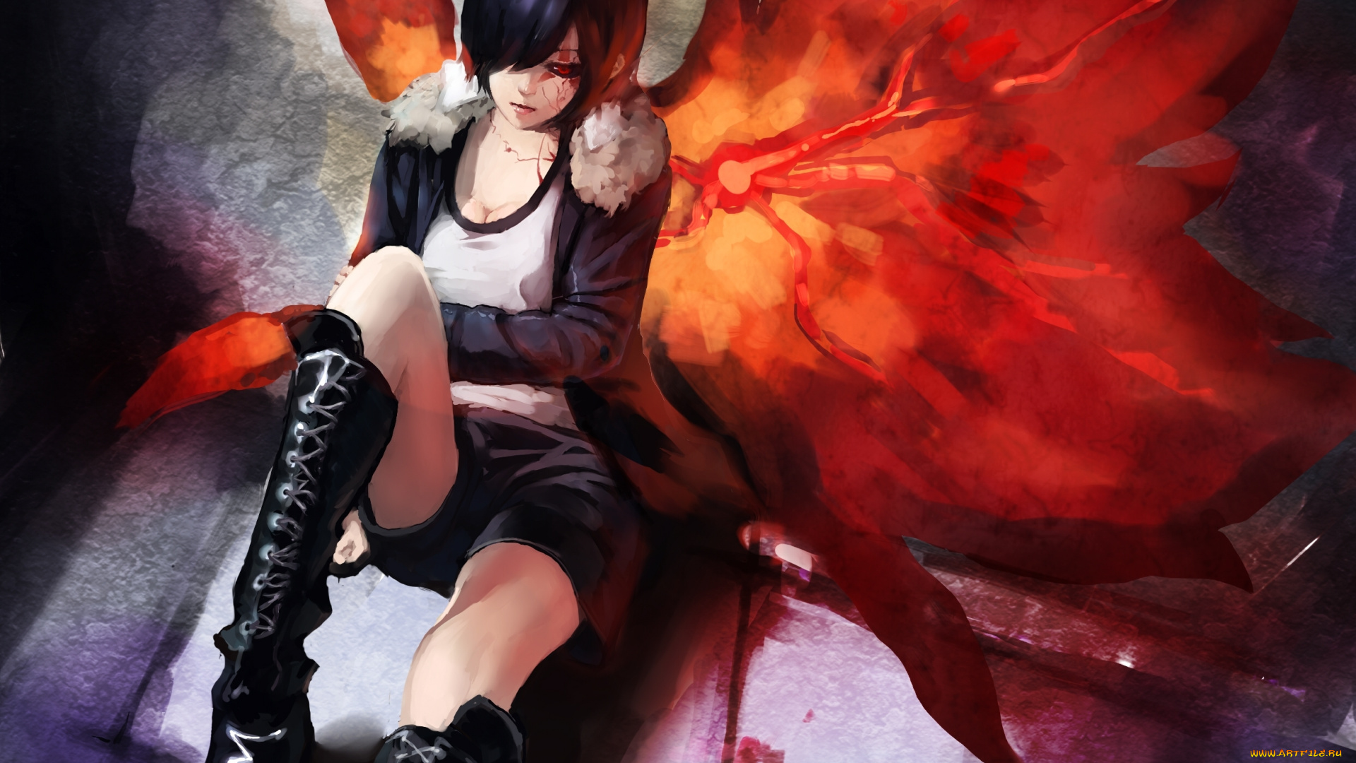 аниме, tokyo, ghoul, девушка, крылья, кровь, kirishima, touka, tokyo, ghoul, gods, арт