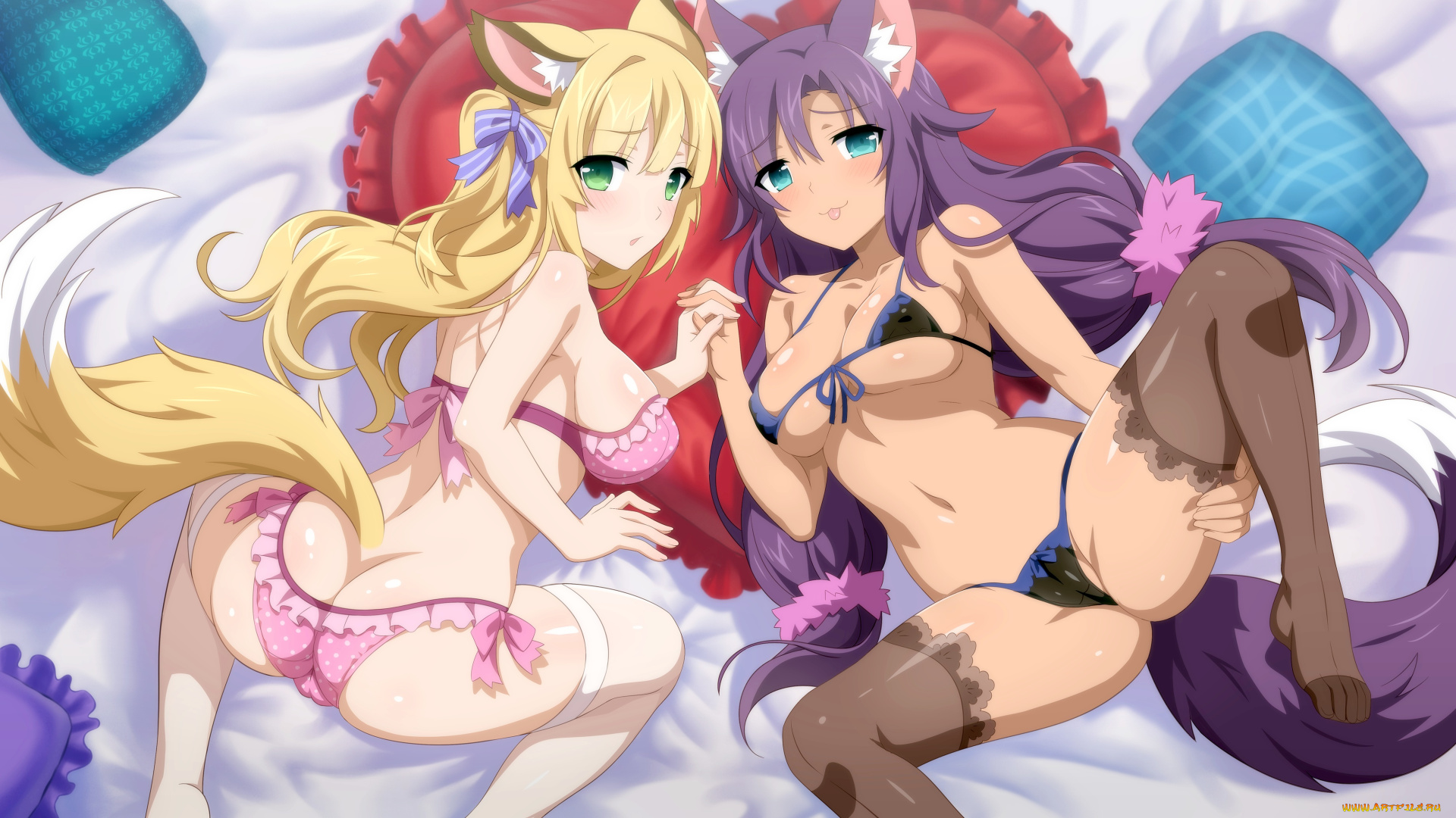 аниме, животные, , существа, ушки, хвост, взгляд, фон, волосы, нижнее, белье, девушки