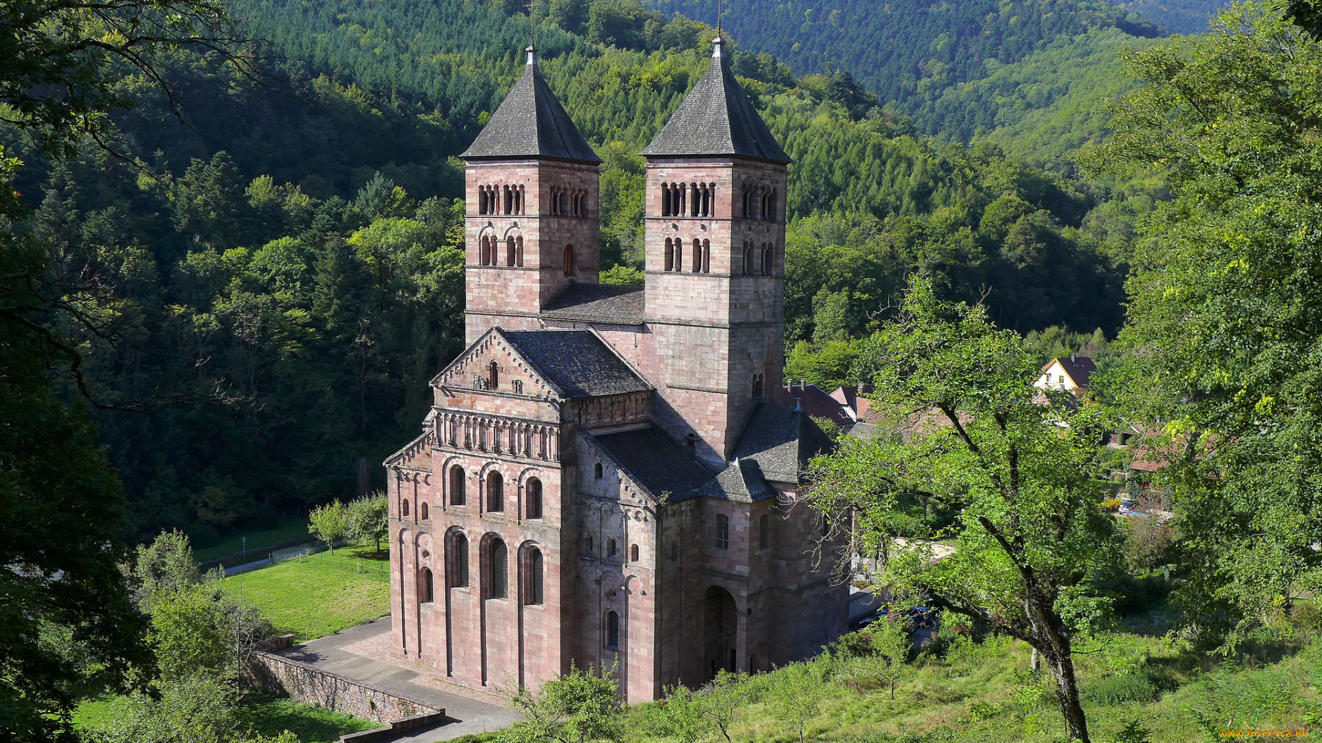 benedictine, abbey, города, -, католические, соборы, , костелы, , аббатства, горы, лес, аббатство