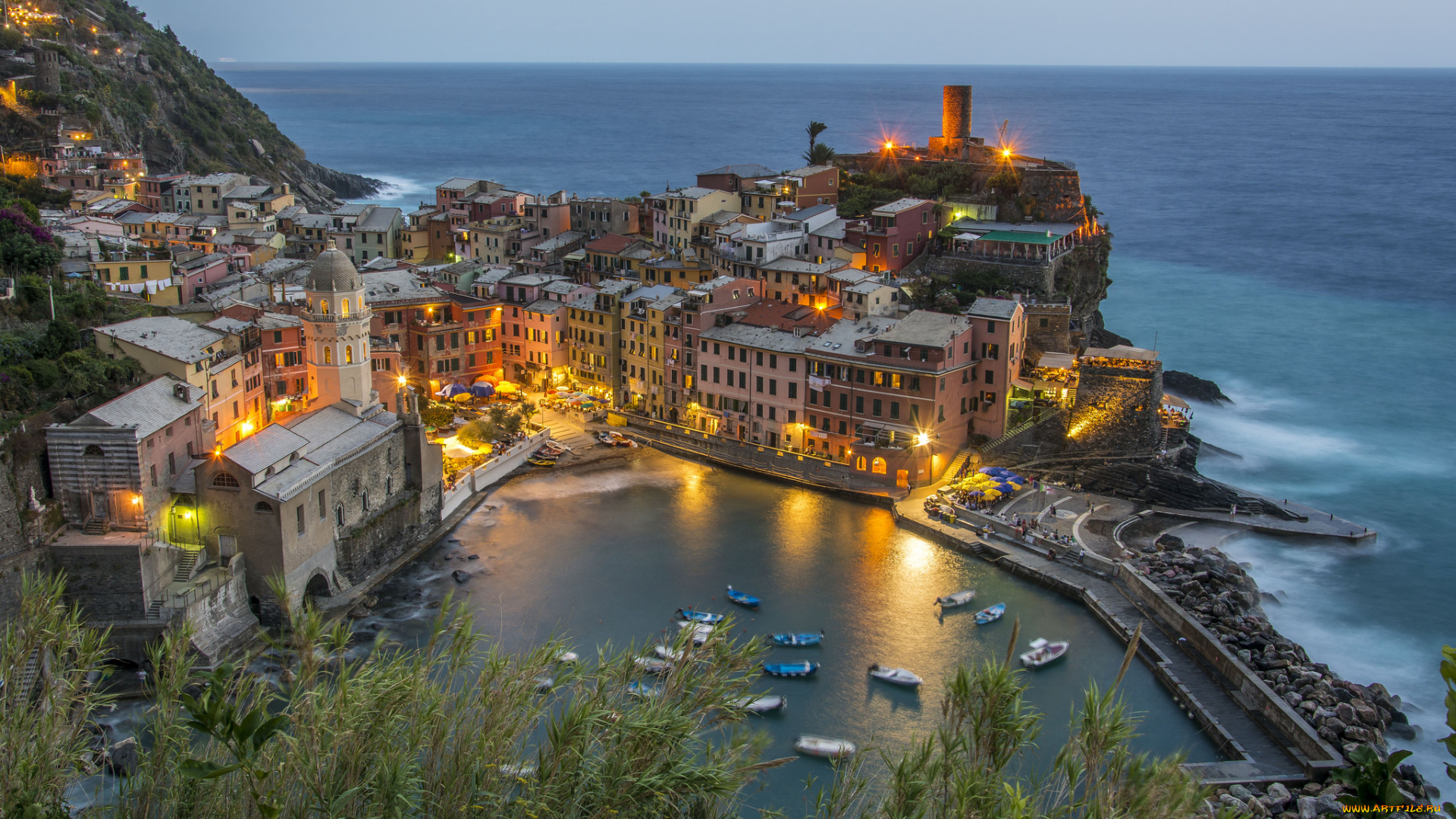 cinque, terre, города, -, огни, ночного, города, огни, поселок, гавань, море