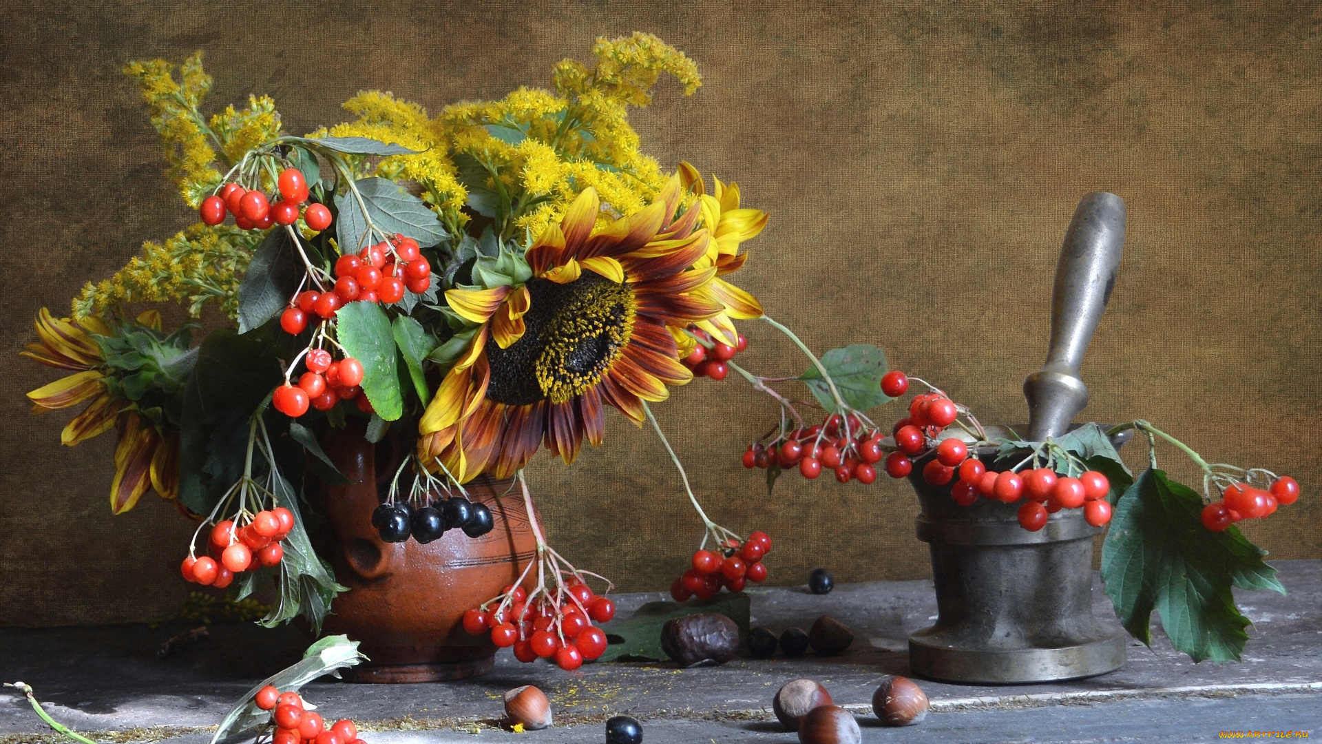 еда, натюрморт, орехи, ступка, калина, подсолнух, кувшин, букет