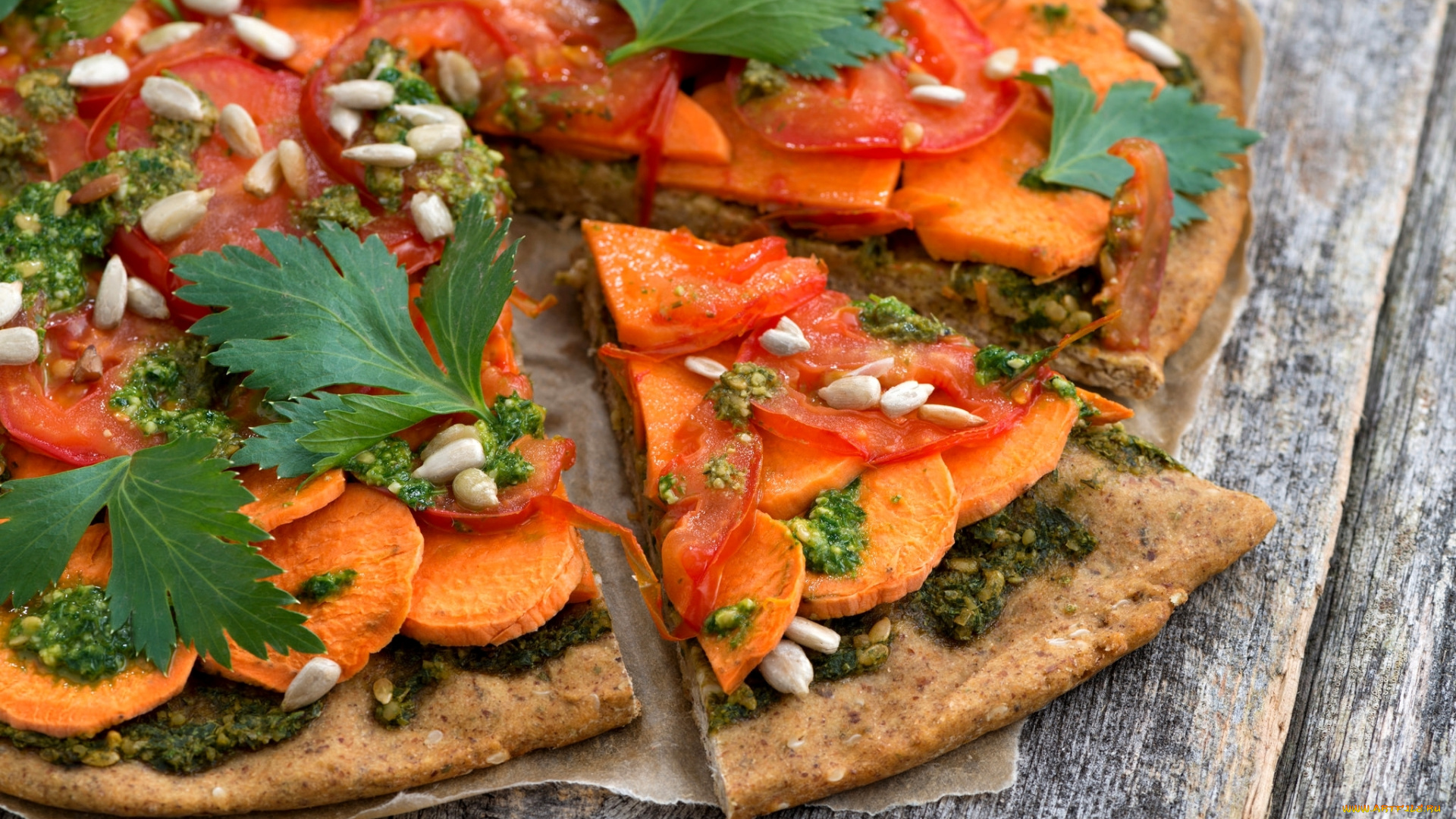 еда, пицца, вегетарианская, семечки, петрушка, помидоры, тыква