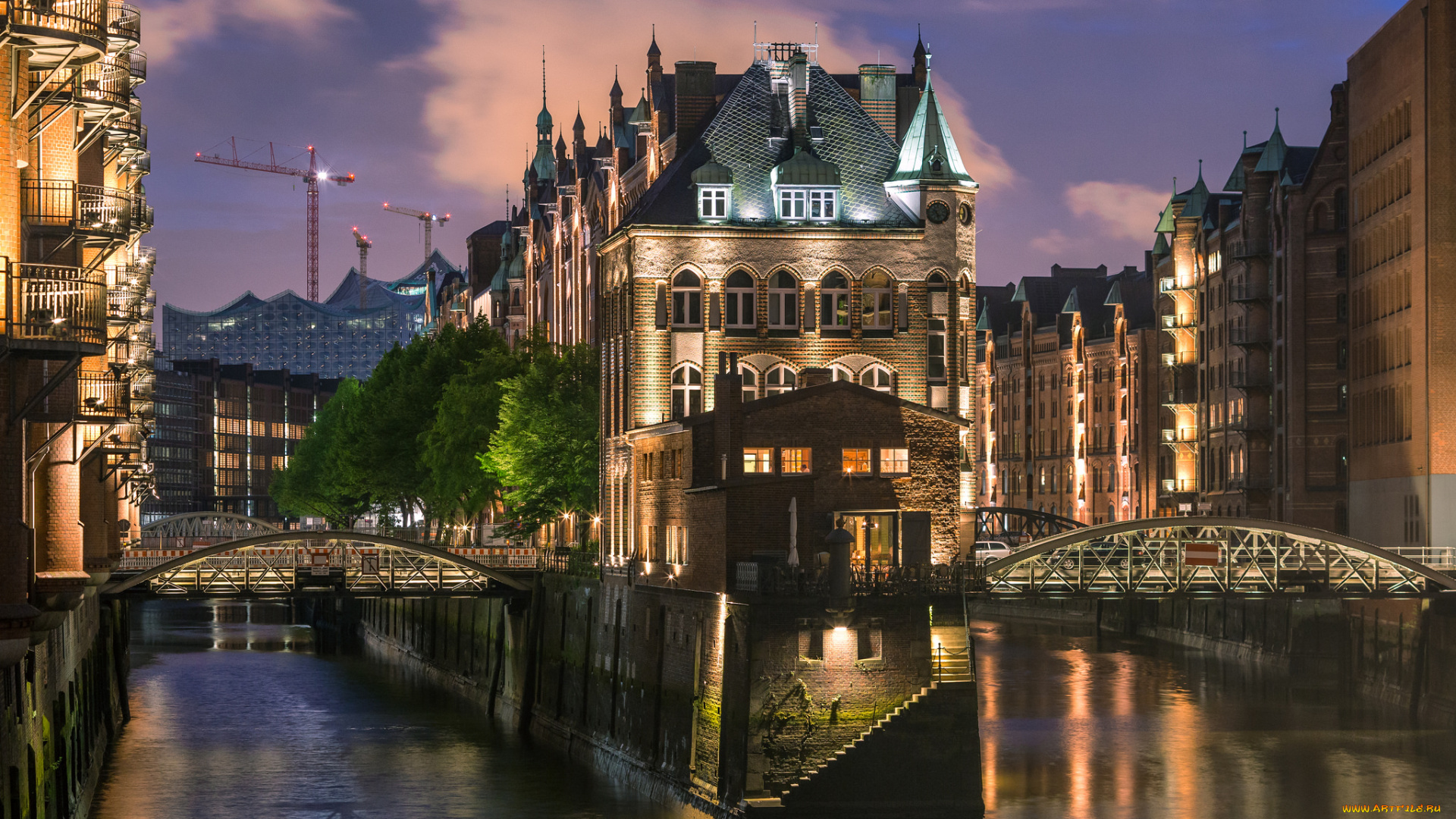 hamburg, города, гамбург, , германия, огни, канал, здания, ночь