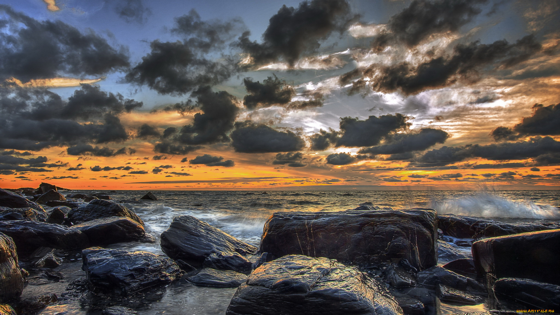 природа, побережье, камни, море, закат