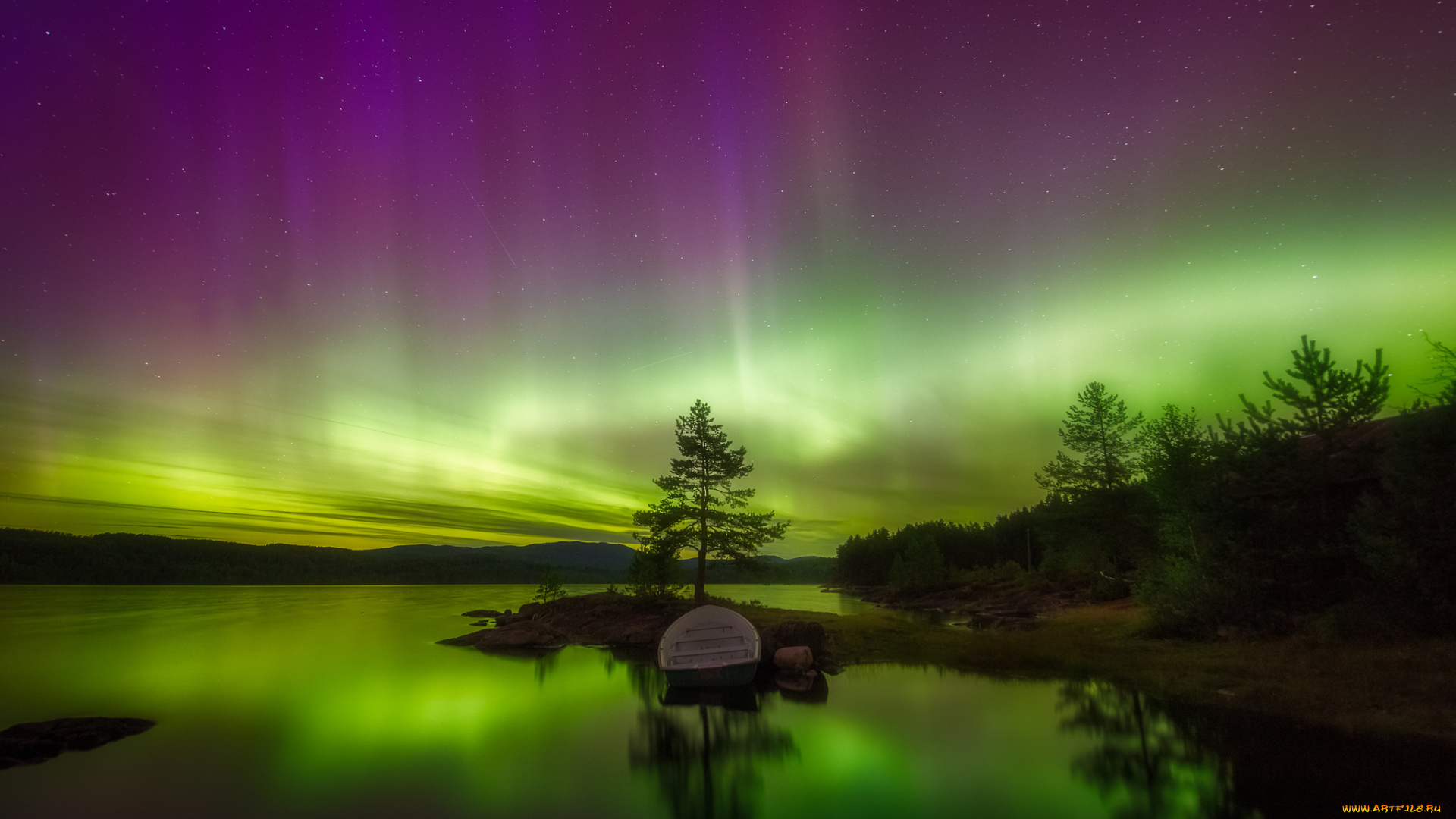 природа, северное, сияние, сияние, озеро, ночь