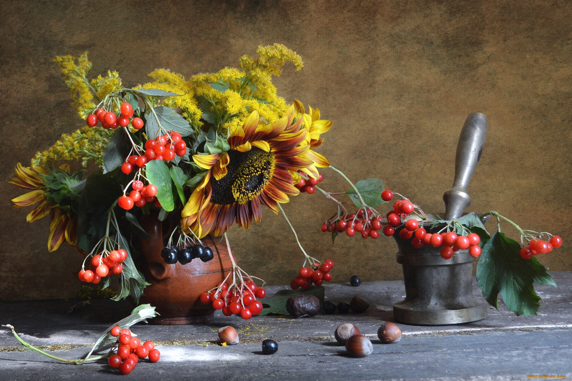 еда, натюрморт, орехи, ступка, калина, подсолнух, кувшин, букет